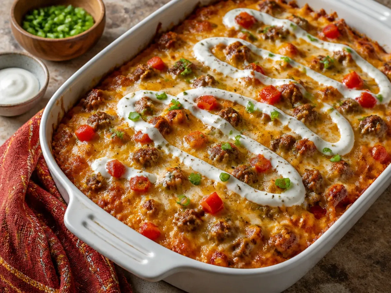 Hands pressing a layer of shredded hash browns firmly into an even layer in a baking dish