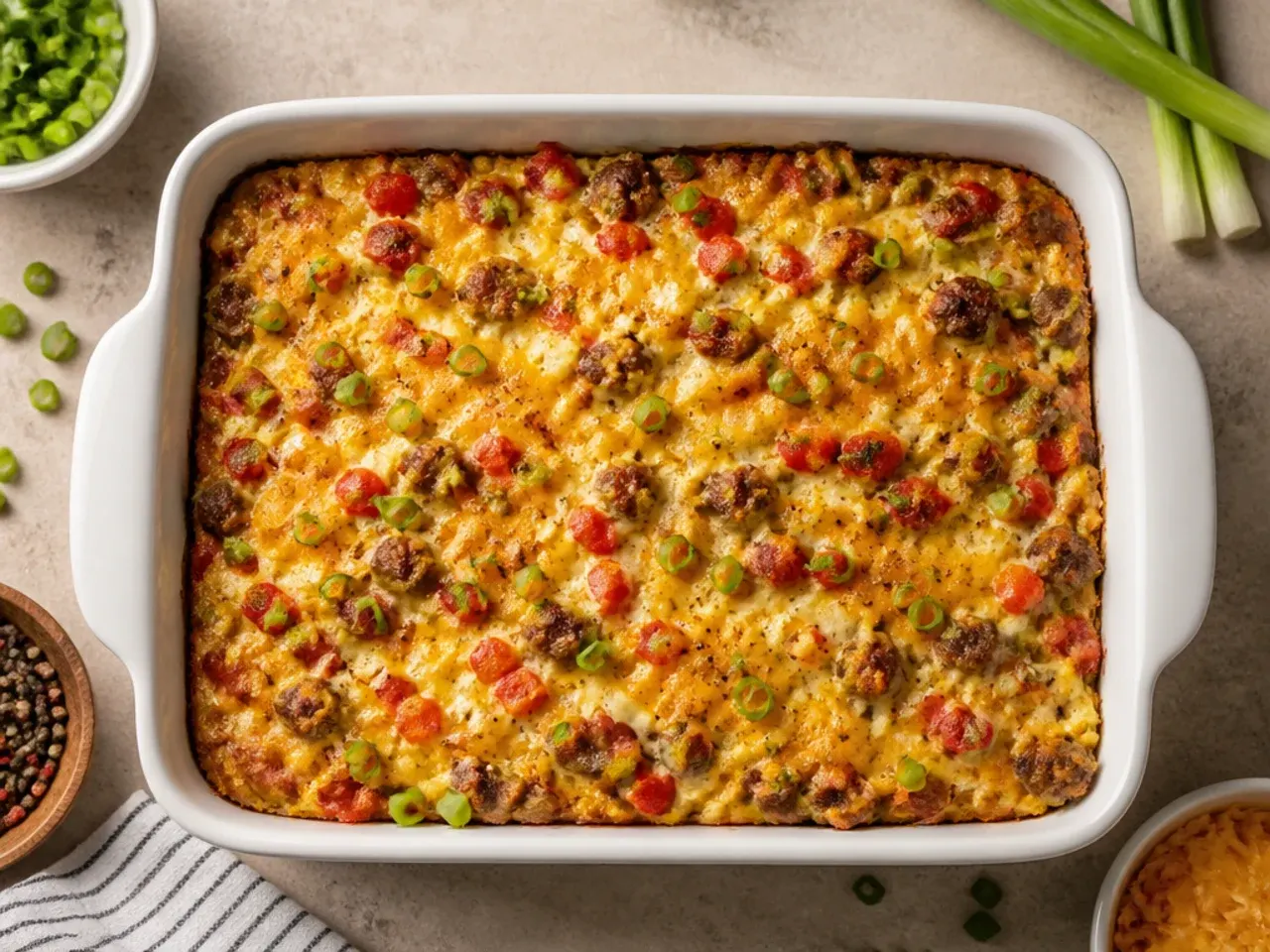 A glass baking dish of unbaked casserole being taken cold from the fridge