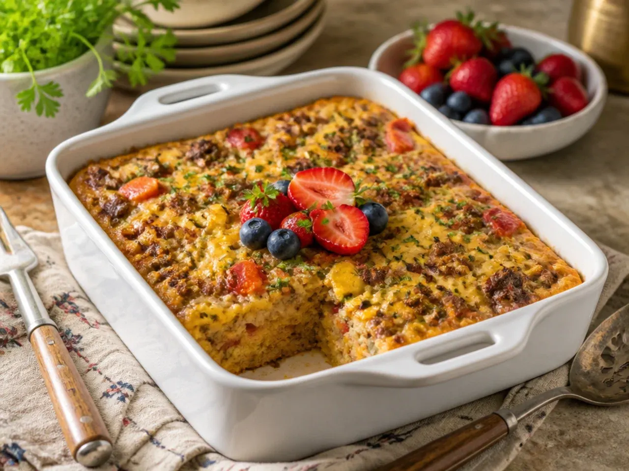 A thin knife being pulled clean from the centre of a fully baked casserole