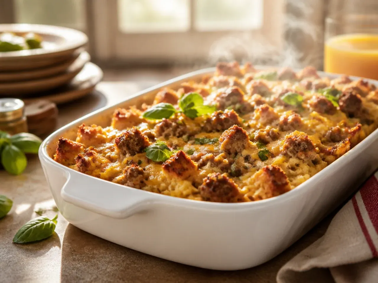 An unbaked casserole mixture filling a baking dish almost to the rim