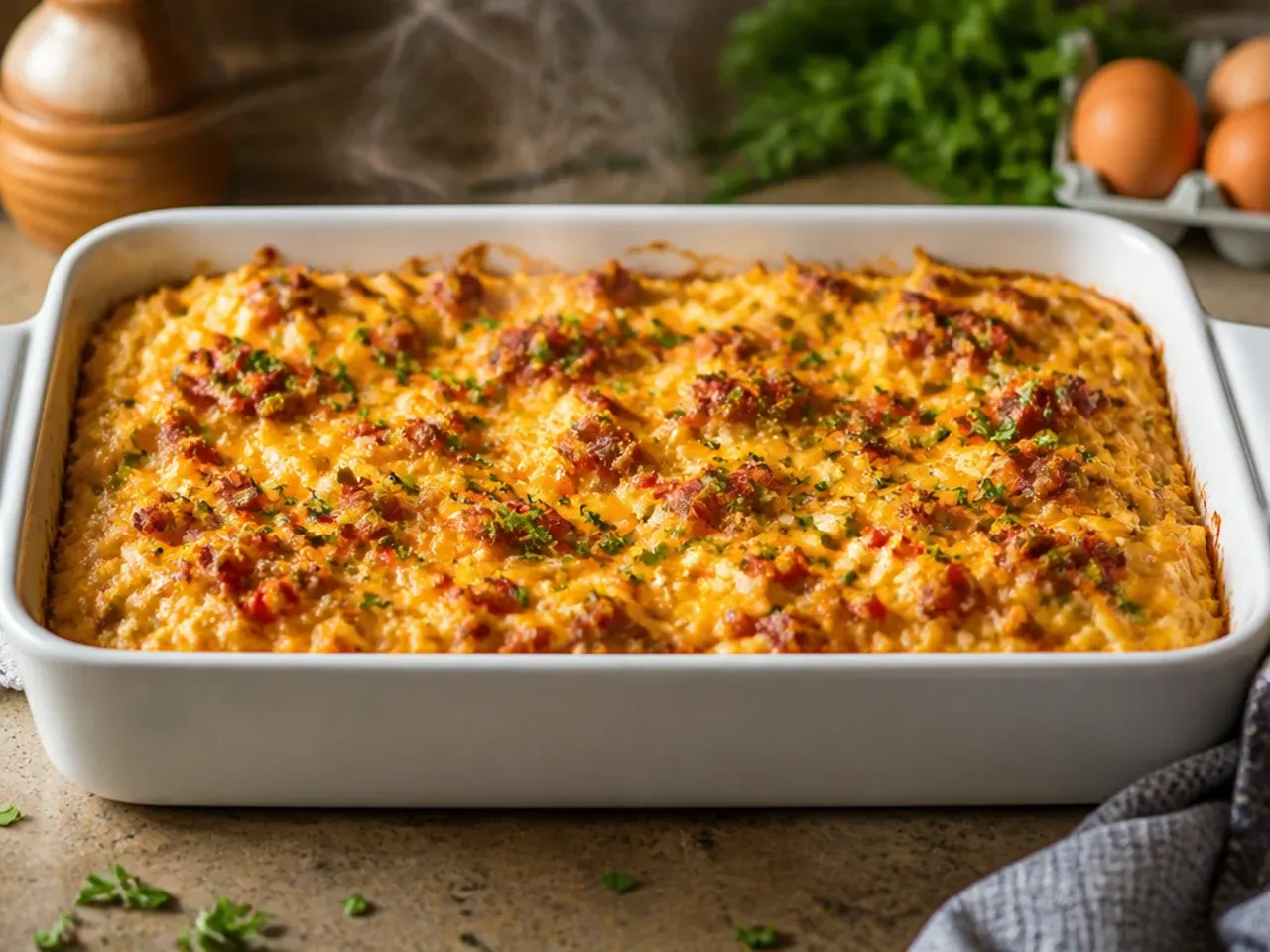Grated cheddar being scattered over a nearly finished casserole for the final minutes of baking