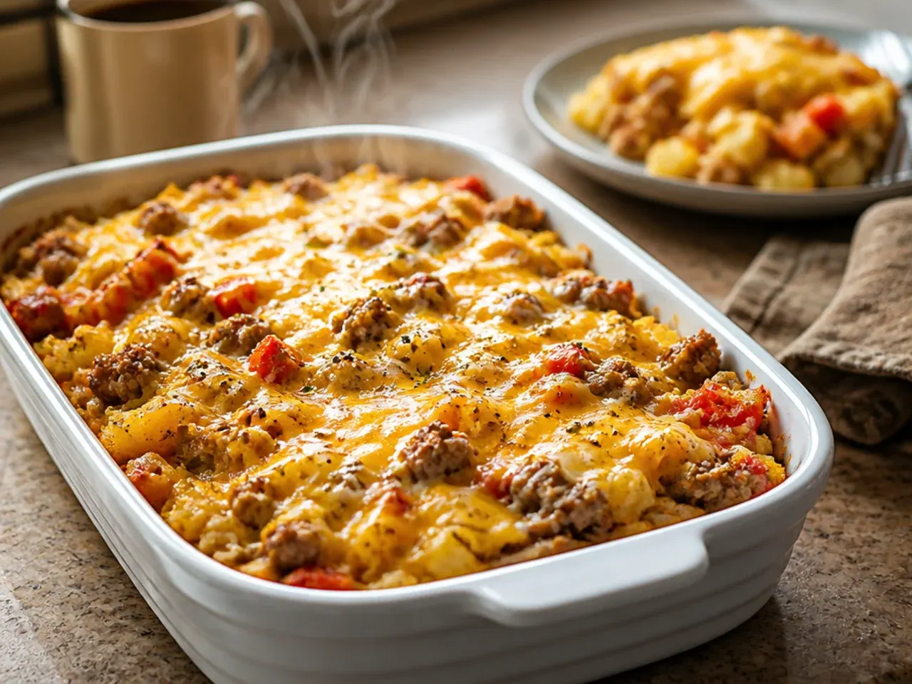 A baking dish of unbaked casserole being sealed tightly with cling film before refrigeration