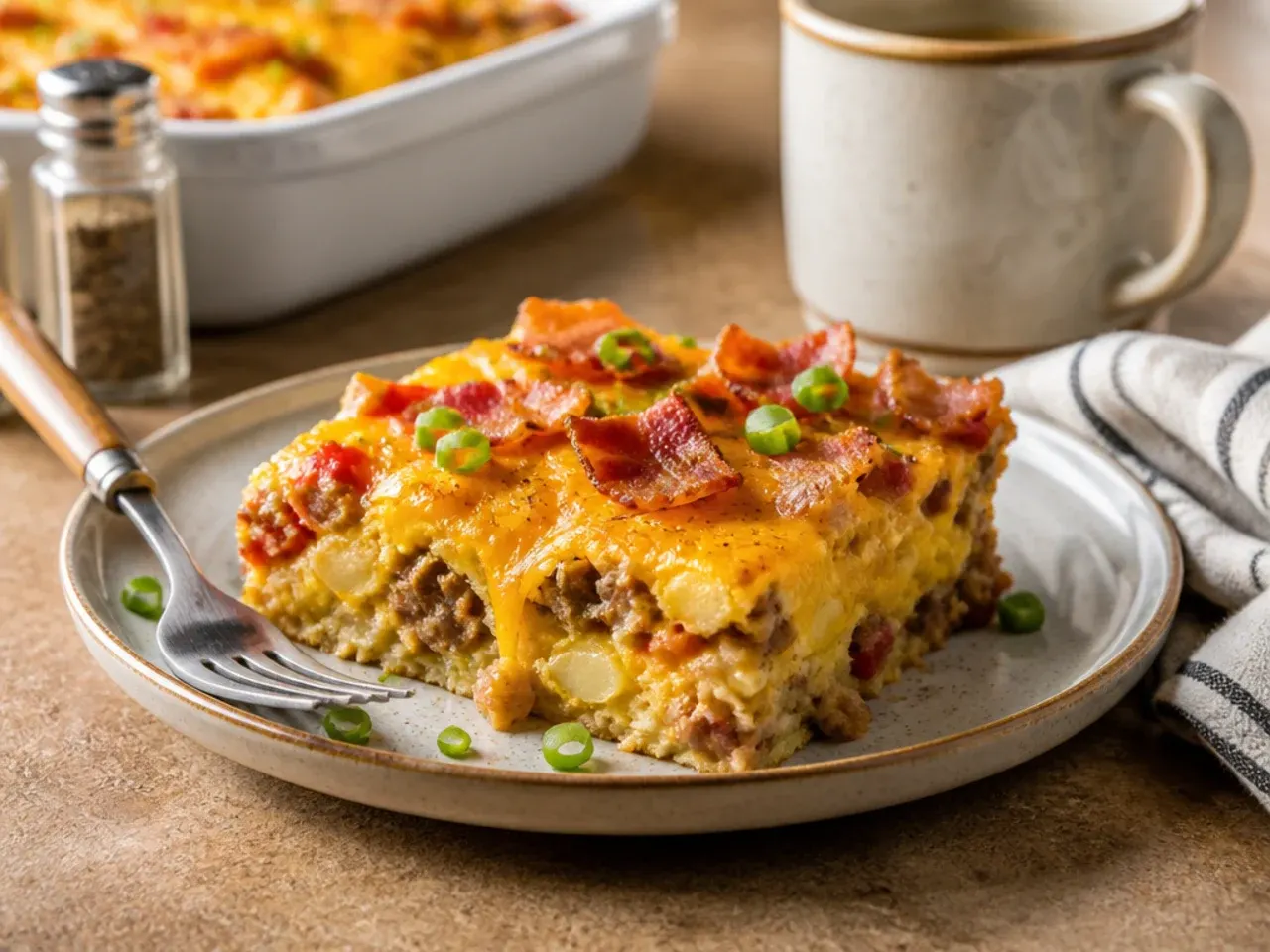 A clean, fully set slice of cowboy breakfast casserole being lifted from the dish with a spatula