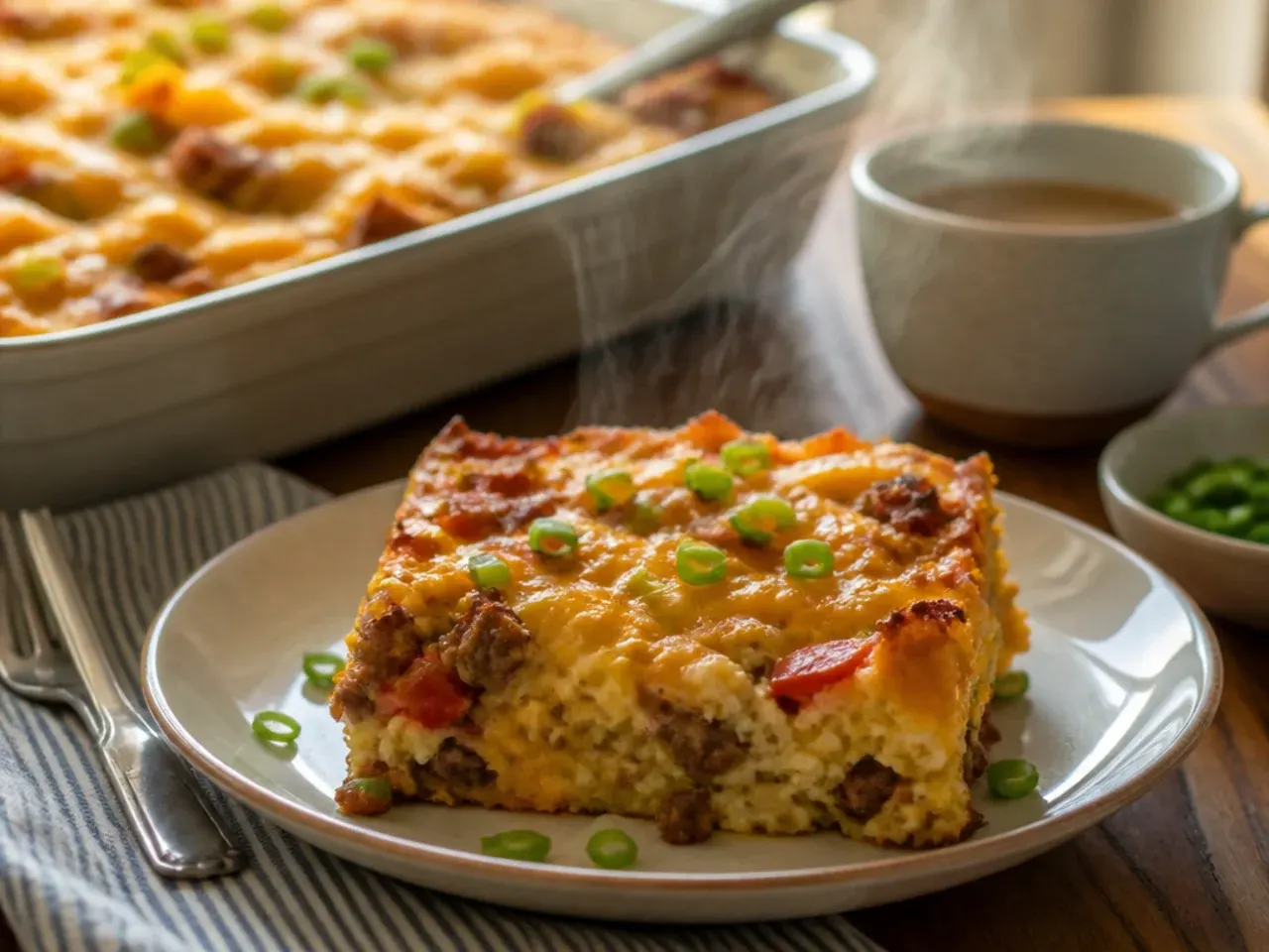 A finished cowboy breakfast casserole on the table, sliced and ready to serve with mugs of coffee nearby