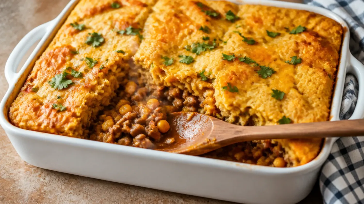 A cowboy casserole with a golden baked cornbread topping, fresh from the oven in a ceramic baking dish