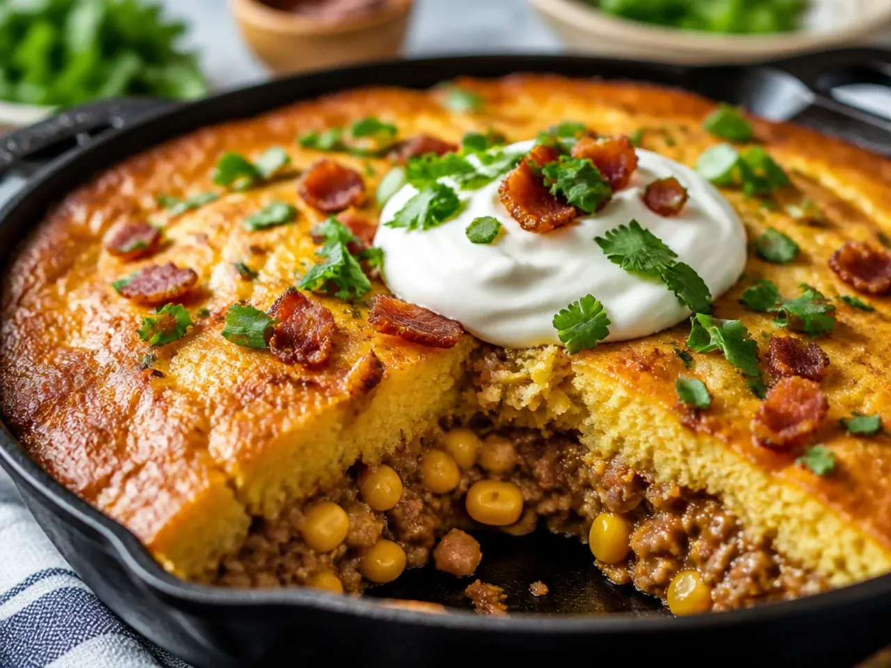 Overhead view of a full cowboy casserole cornbread dish with a golden cracked cornbread top and a serving spoon resting in it