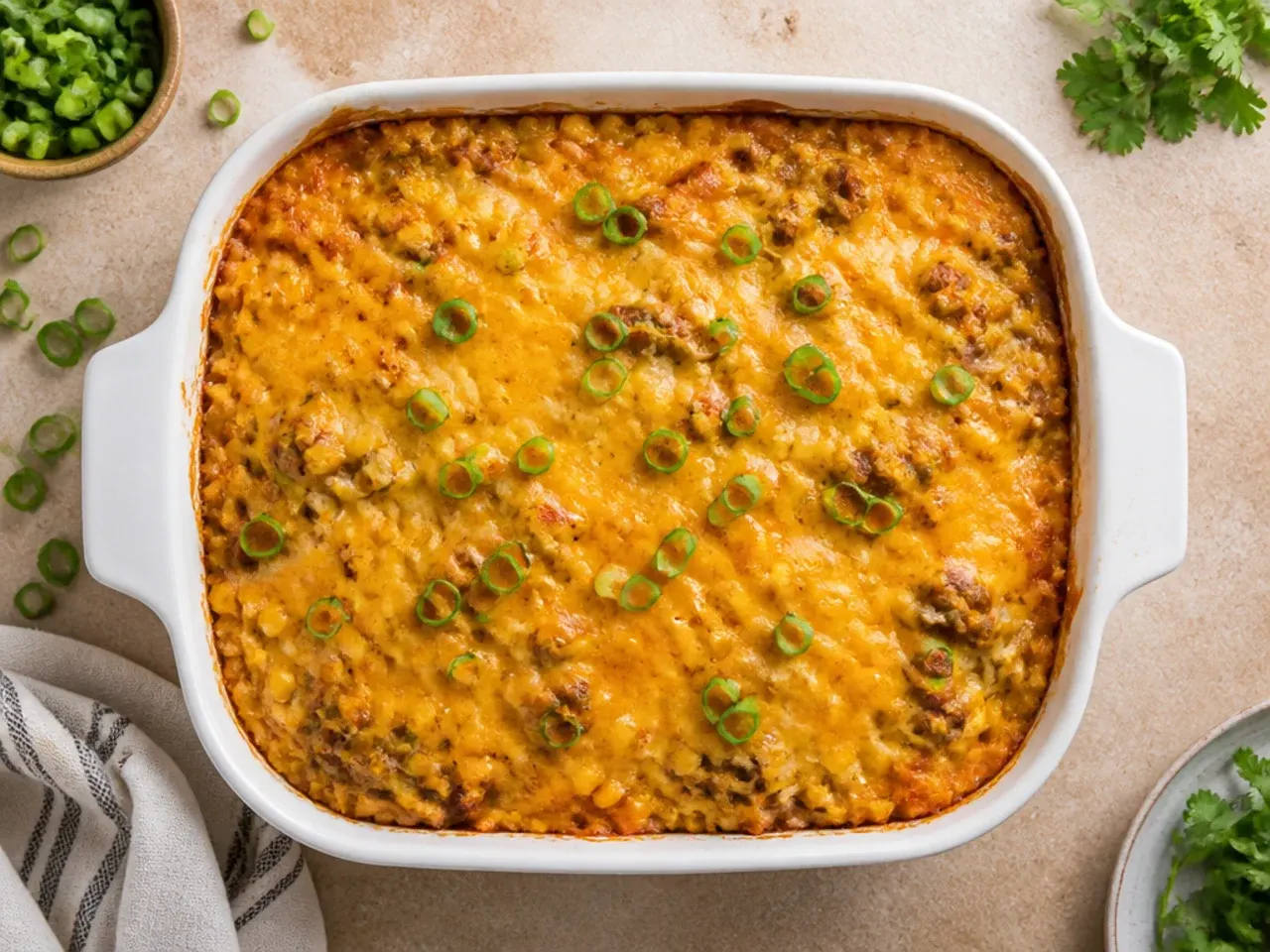 Classic cowboy casserole cornbread with a golden baked top and beef and bean filling visible at the edges