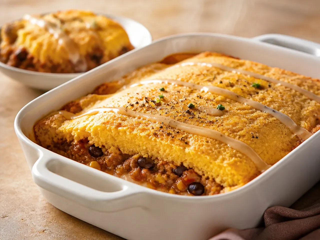 Boxed cornbread mix batter being poured over beef and bean filling in a baking dish