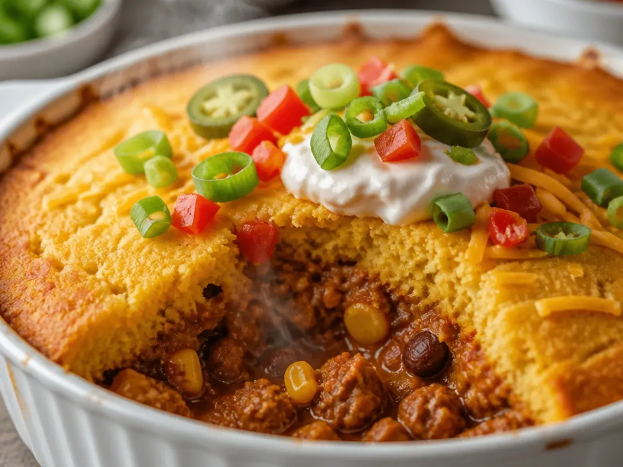 Cozy chilli-style cowboy casserole cornbread with a rich, deep red filling under the golden crust