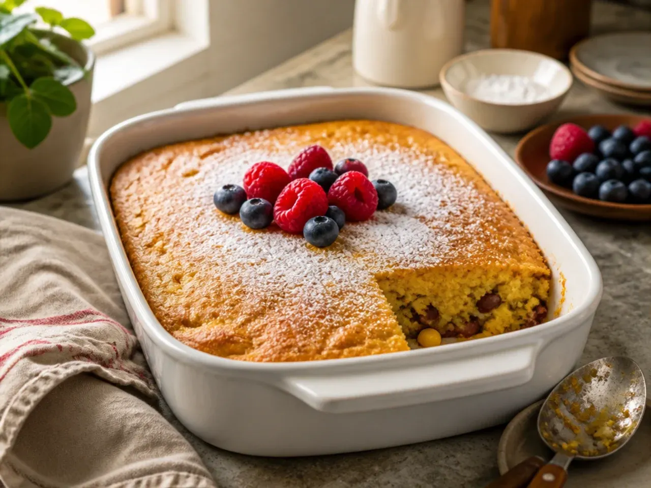 Oven-safe skillet of cowboy casserole cornbread with the batter baked directly on top of the filling