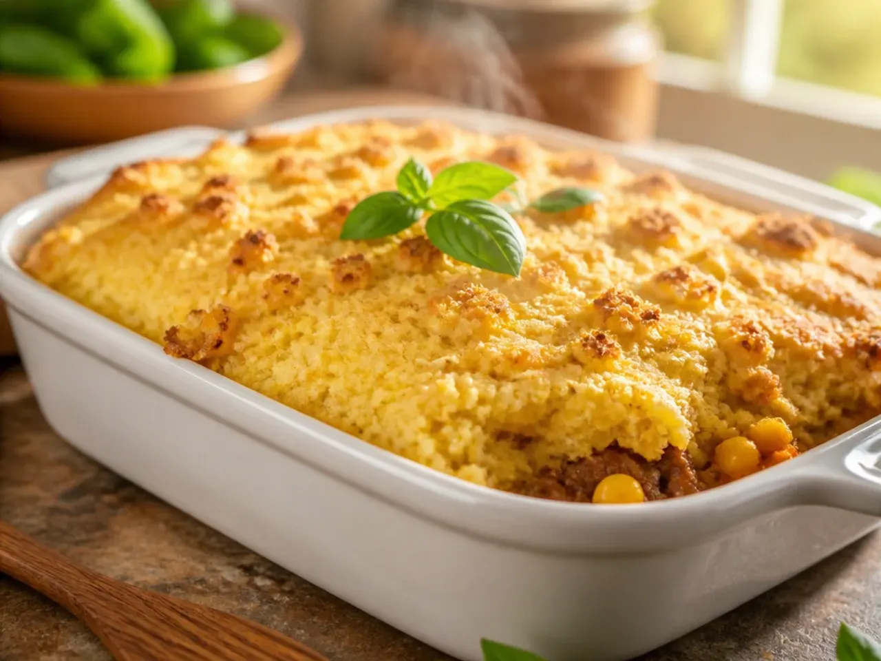 Close-up of a soft, tender cornbread topping with a creamy crumb visible where it's been cut