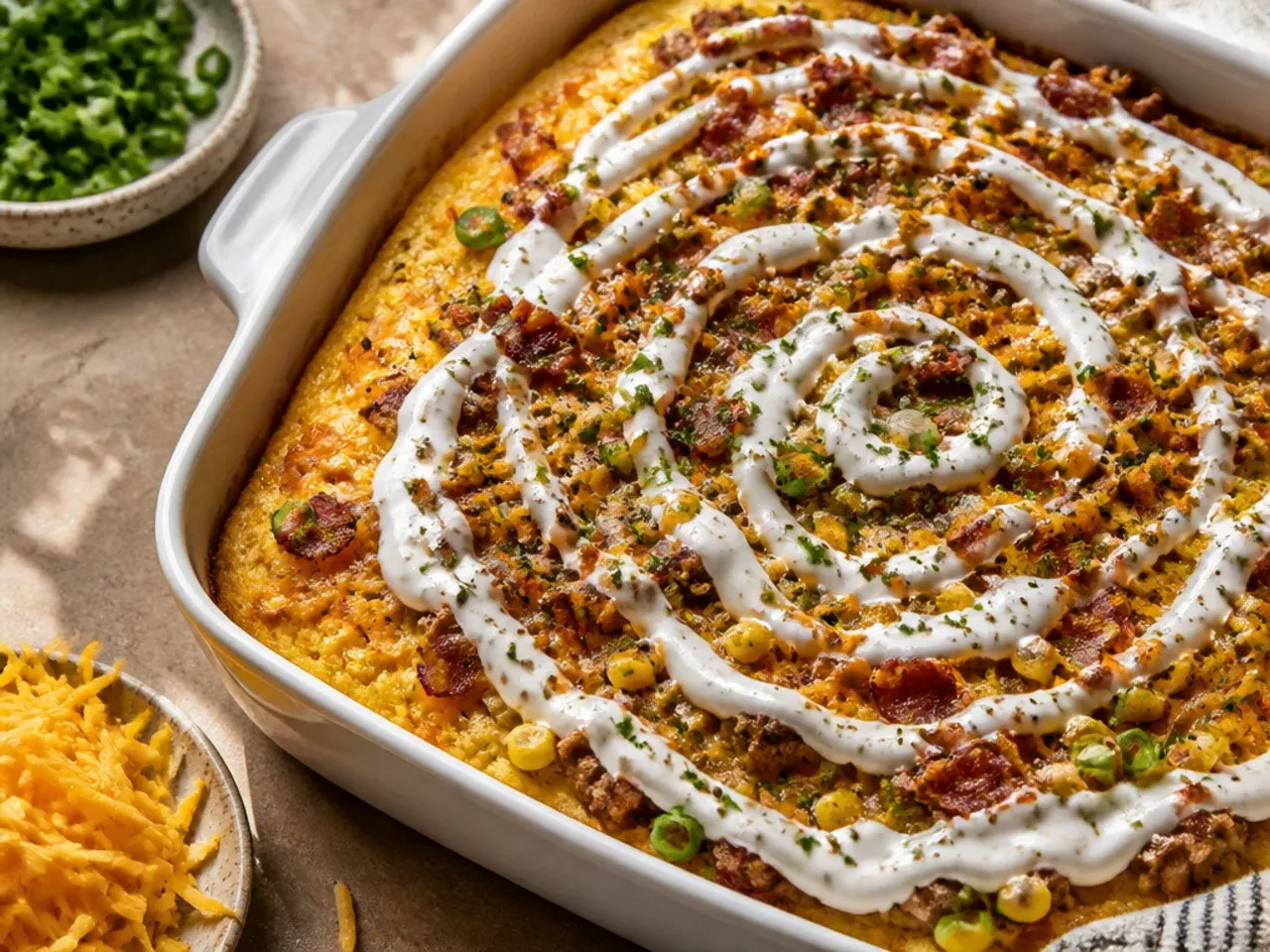 Loaded cowboy casserole cornbread topped with crumbled bacon baked into the golden crust