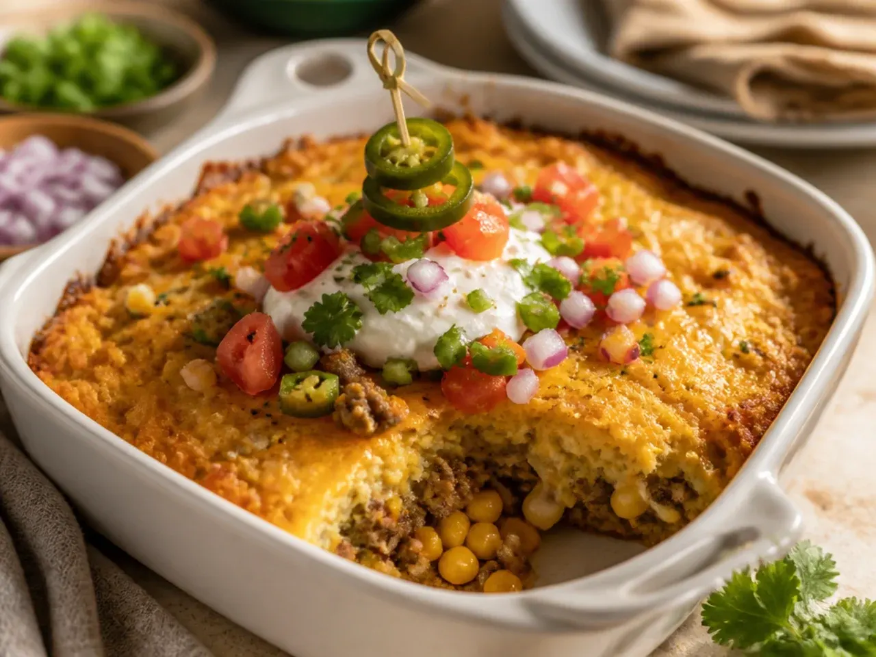 Best-ever double cheese cowboy casserole cornbread with visible melted cheese running through the golden crust