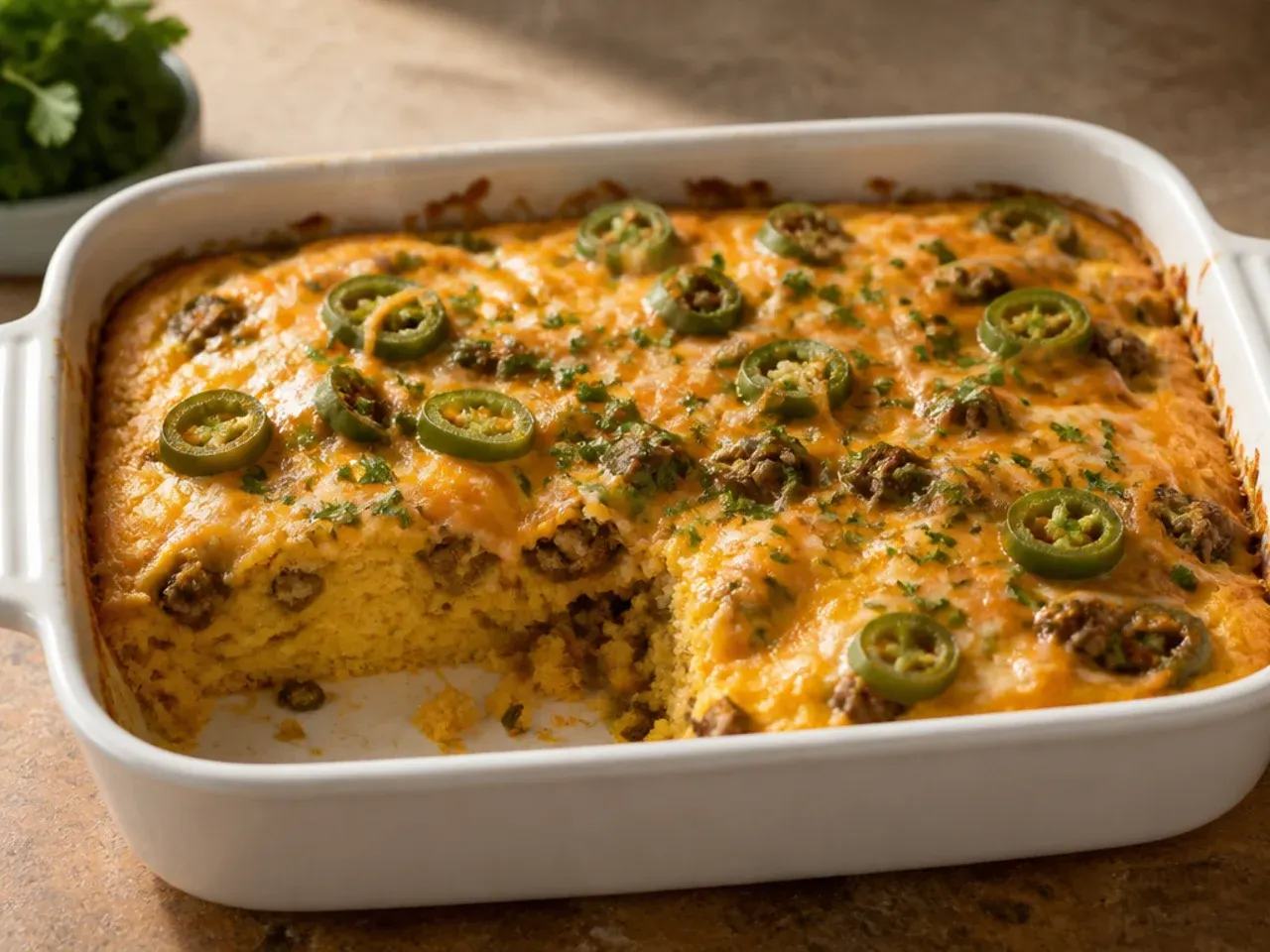 Cheesy jalapeño cornbread topping with visible pepper slices and melted cheese baked into the crust