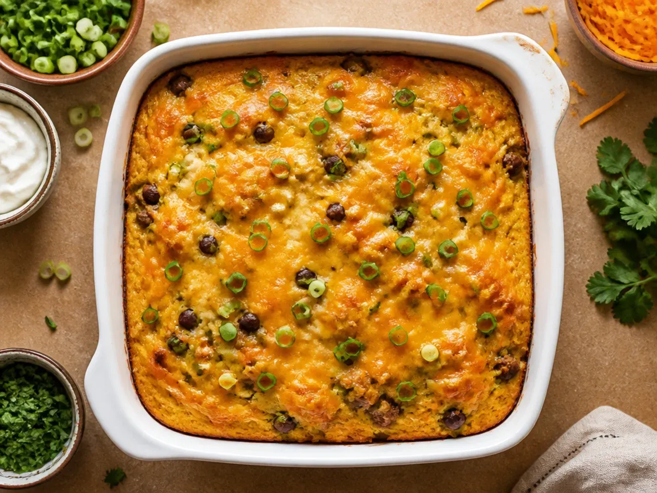 Budget cowboy casserole cornbread made with simple pantry staples in a baking dish