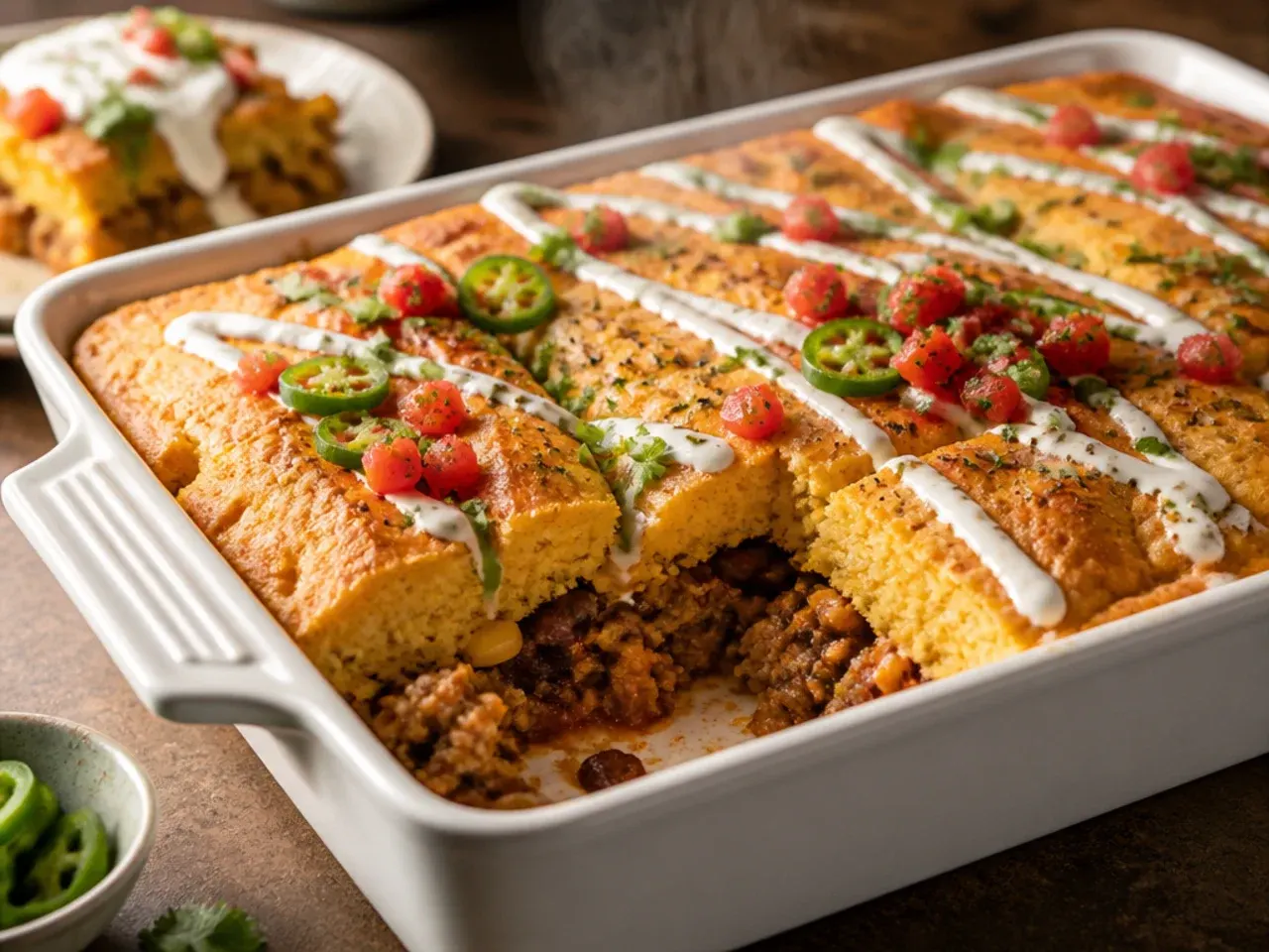 Large family-size cowboy casserole cornbread in a big baking dish, ready to serve a crowd