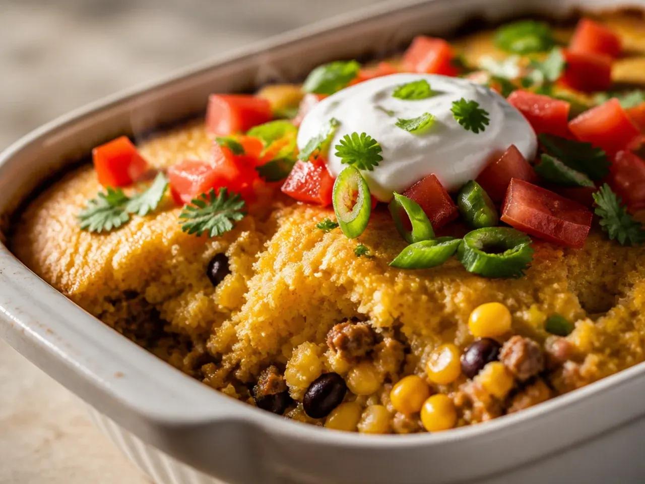 Make-ahead cowboy casserole filling stored in the fridge, ready to be topped with fresh cornbread batter and baked