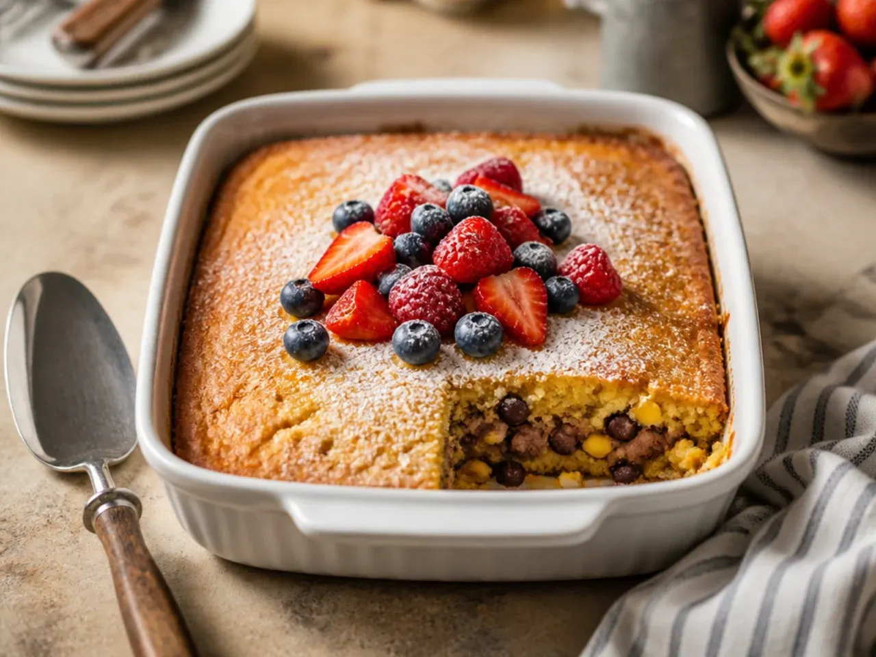 Mild family-friendly cowboy casserole cornbread with a simple beef and corn filling under a soft golden crust