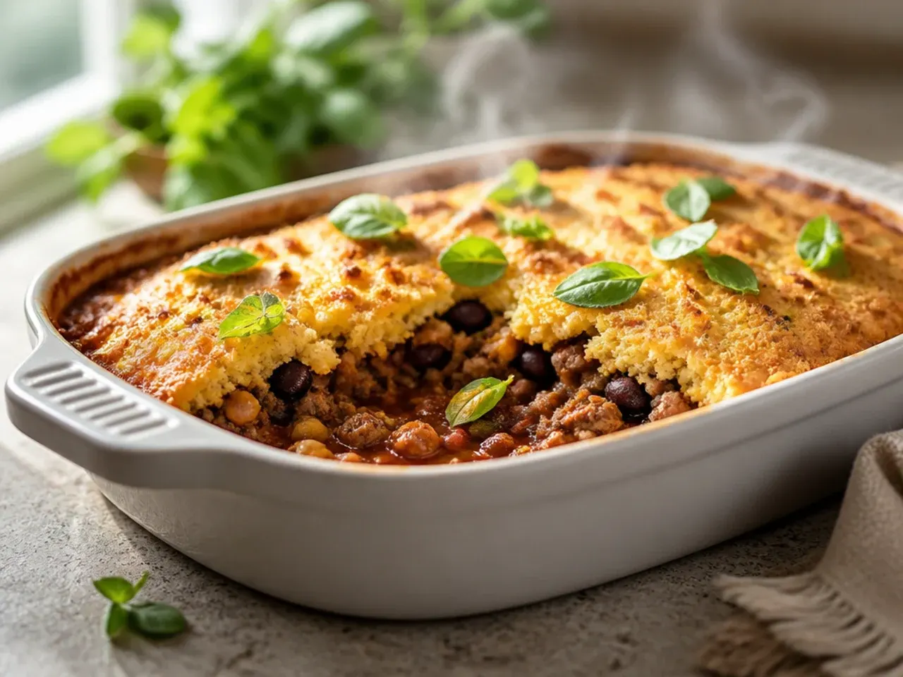 Festive cowboy casserole cornbread with a glossy honey-brushed golden crust and chopped chives on top