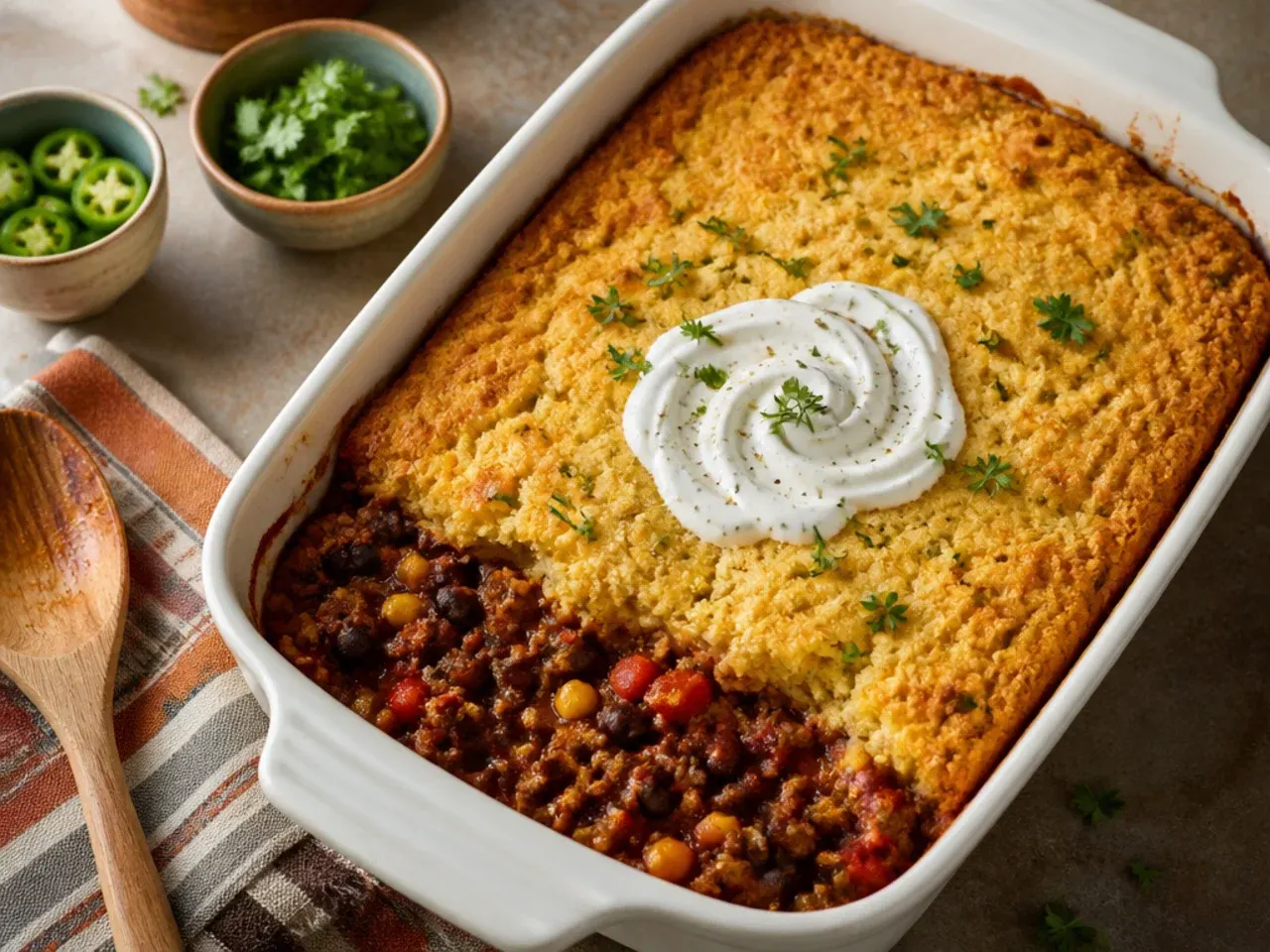 Quick cowboy casserole cornbread made with pre-cooked beef, ready in under 30 minutes