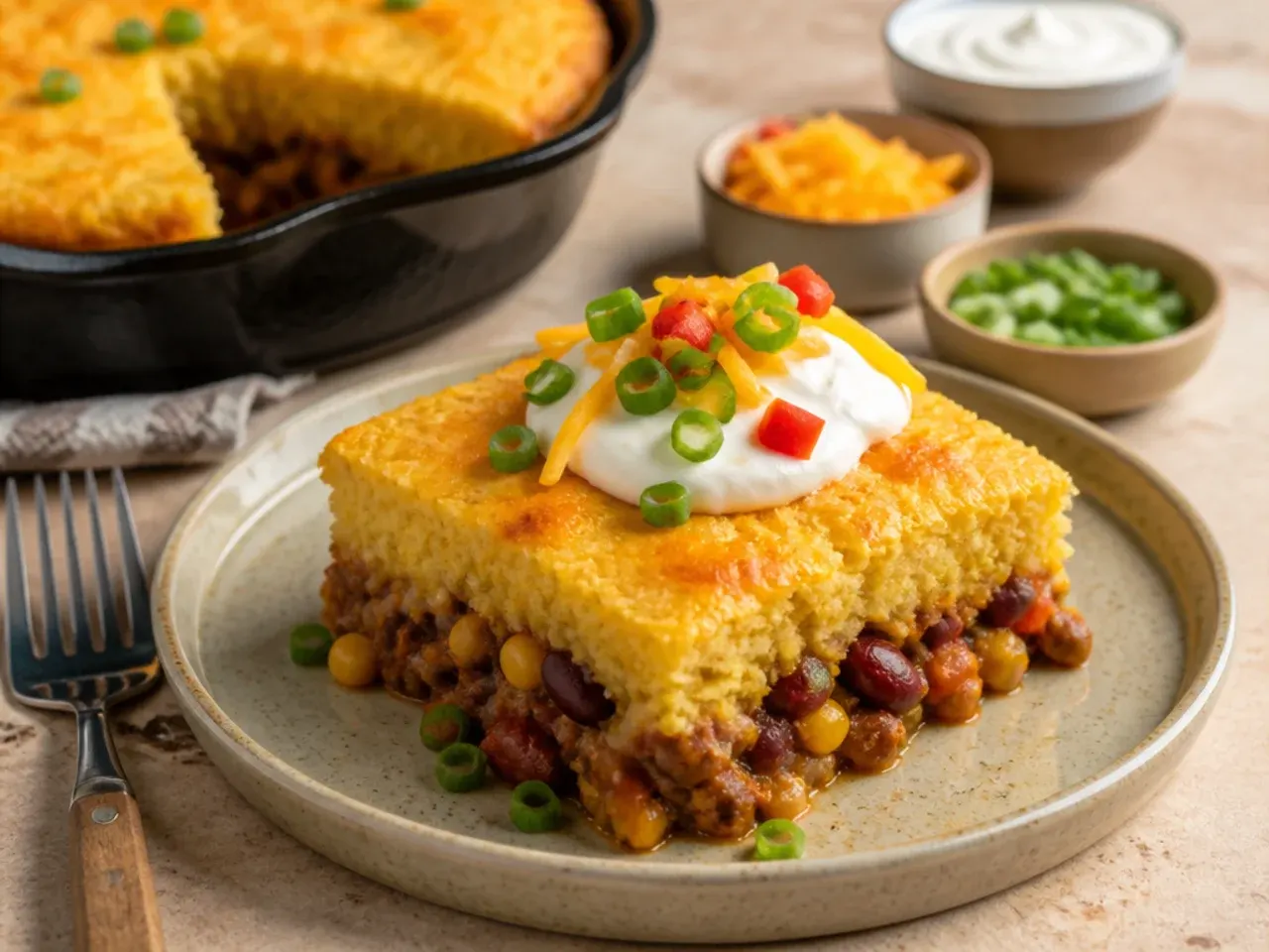 Plated serving of cowboy casserole cornbread with a side salad and a dollop of soured cream