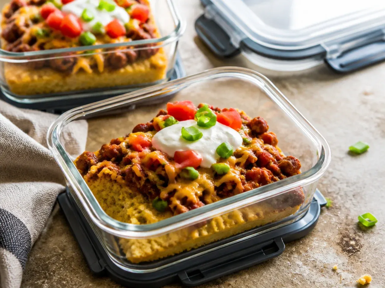 Airtight container of leftover cowboy casserole cornbread ready to be refrigerated or frozen