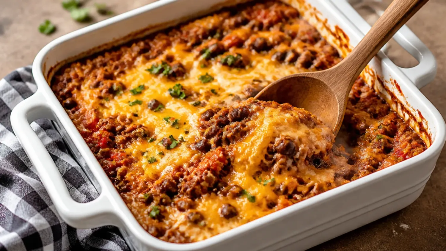 A crockpot of cowboy casserole with golden tater tots and melted cheddar cheese, scooped with a wooden spoon