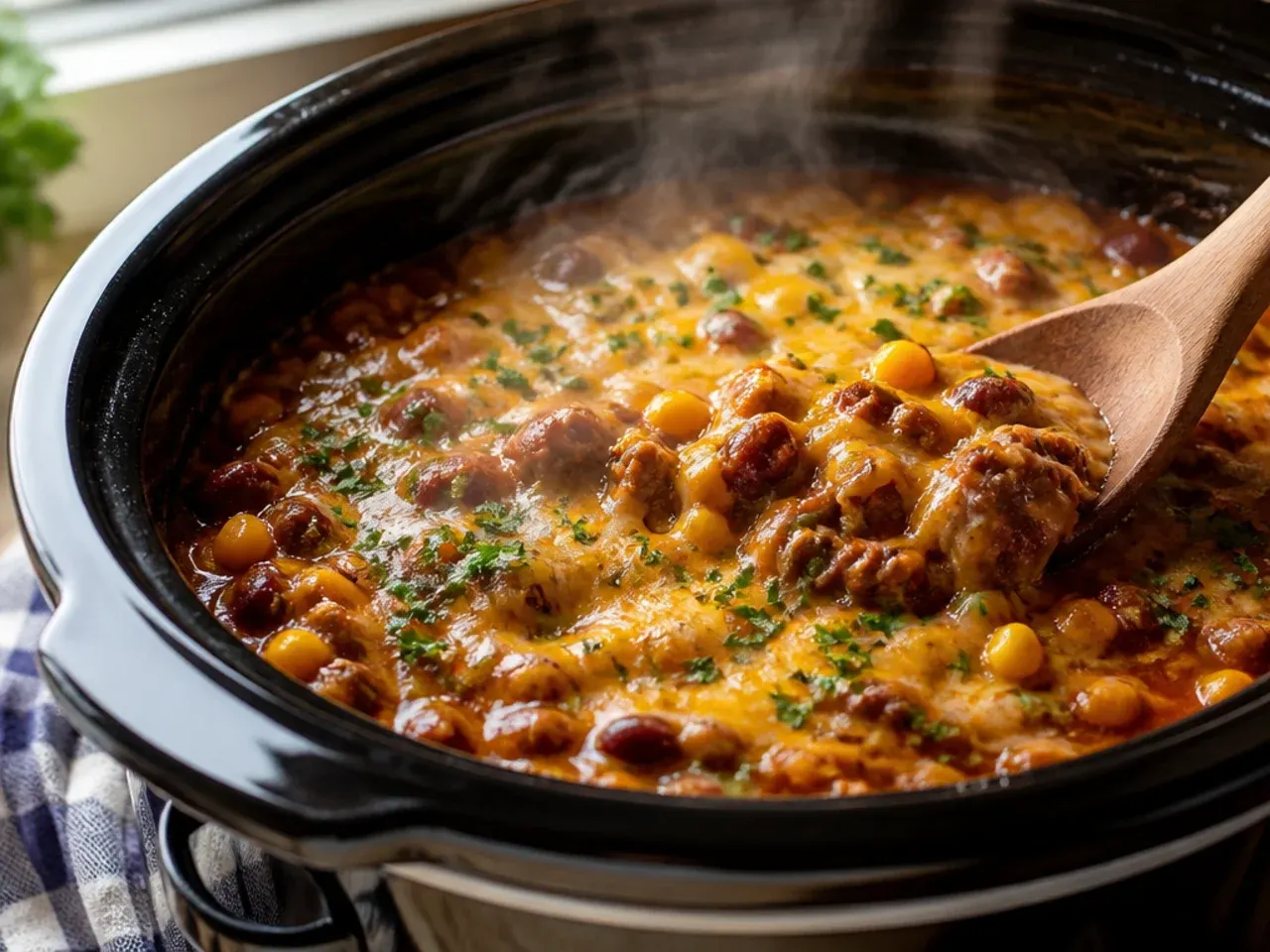 Overhead view of a slow cooker filled with layered cowboy casserole ingredients before cooking