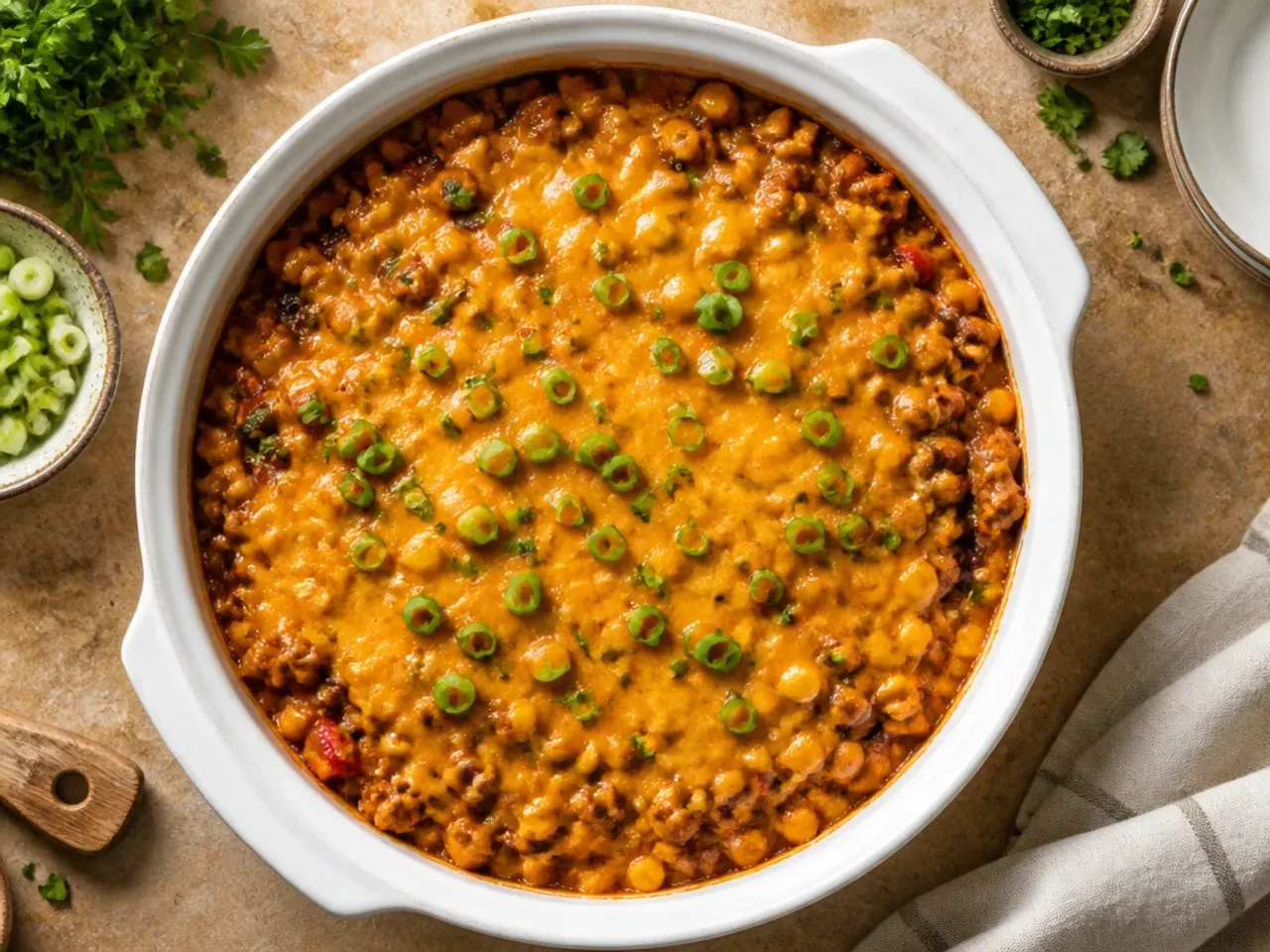 Classic cowboy casserole crockpot with tater tots and melted cheddar on top
