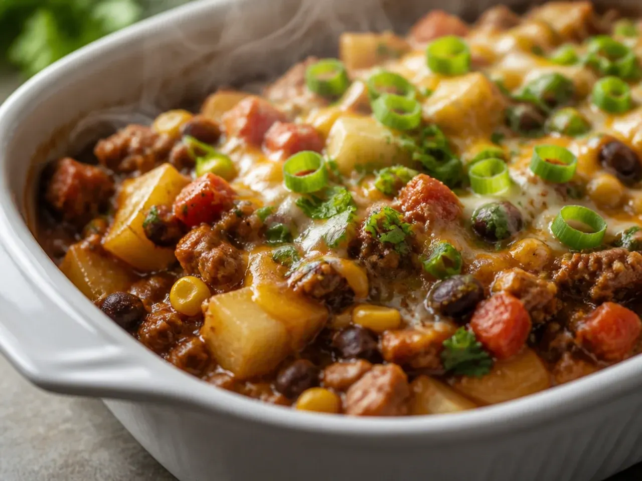 Cozy cowboy casserole crockpot with peppers and onions stirred through