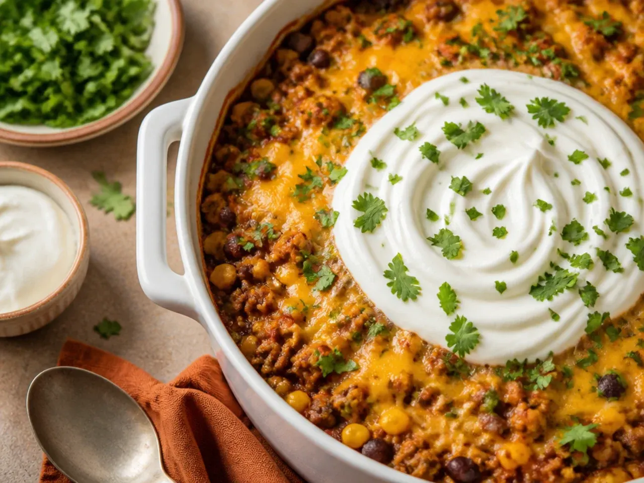 Loaded cowboy casserole crockpot topped with bacon, jalapenos and extra cheese