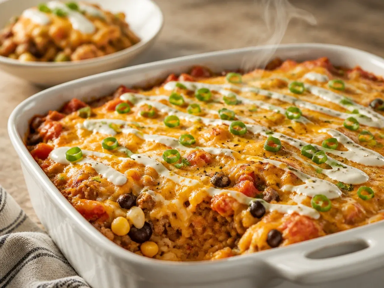 Large crockpot of cowboy casserole scaled up for a potluck crowd