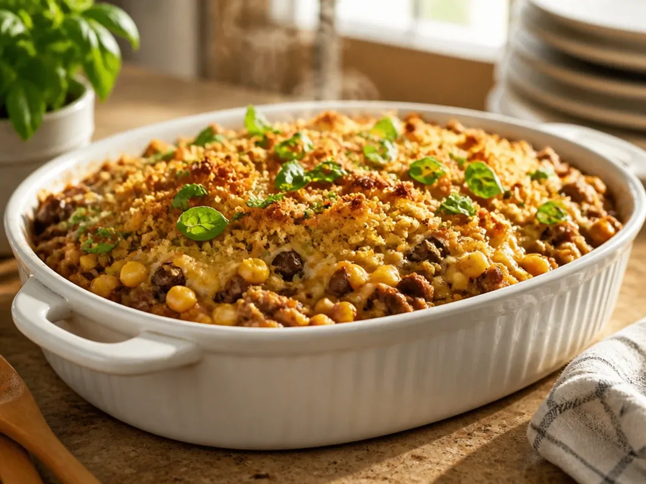 Festive cowboy casserole crockpot made with leftover turkey and crispy onions