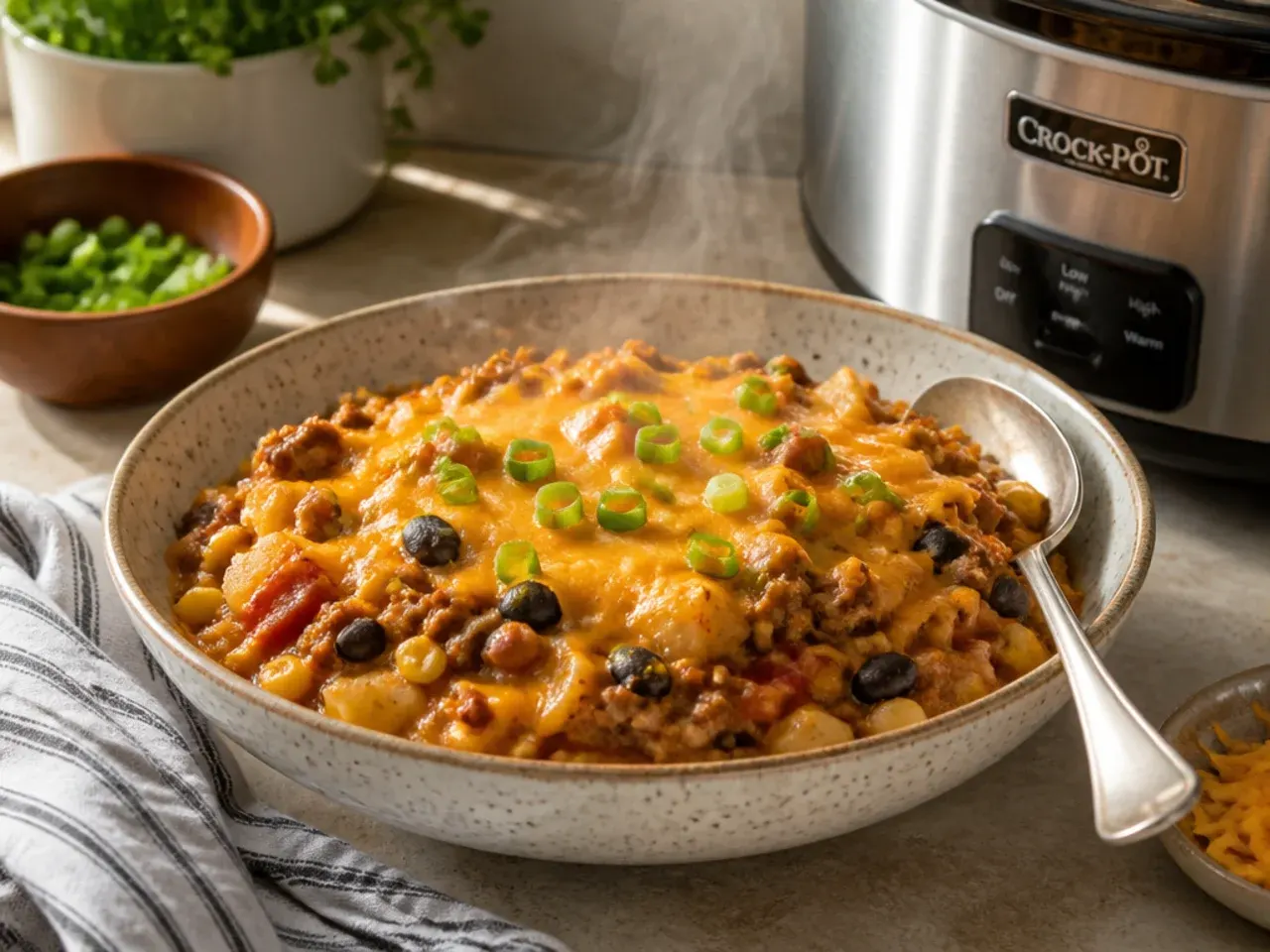 Bowl of cowboy casserole crockpot served with a side salad and bread