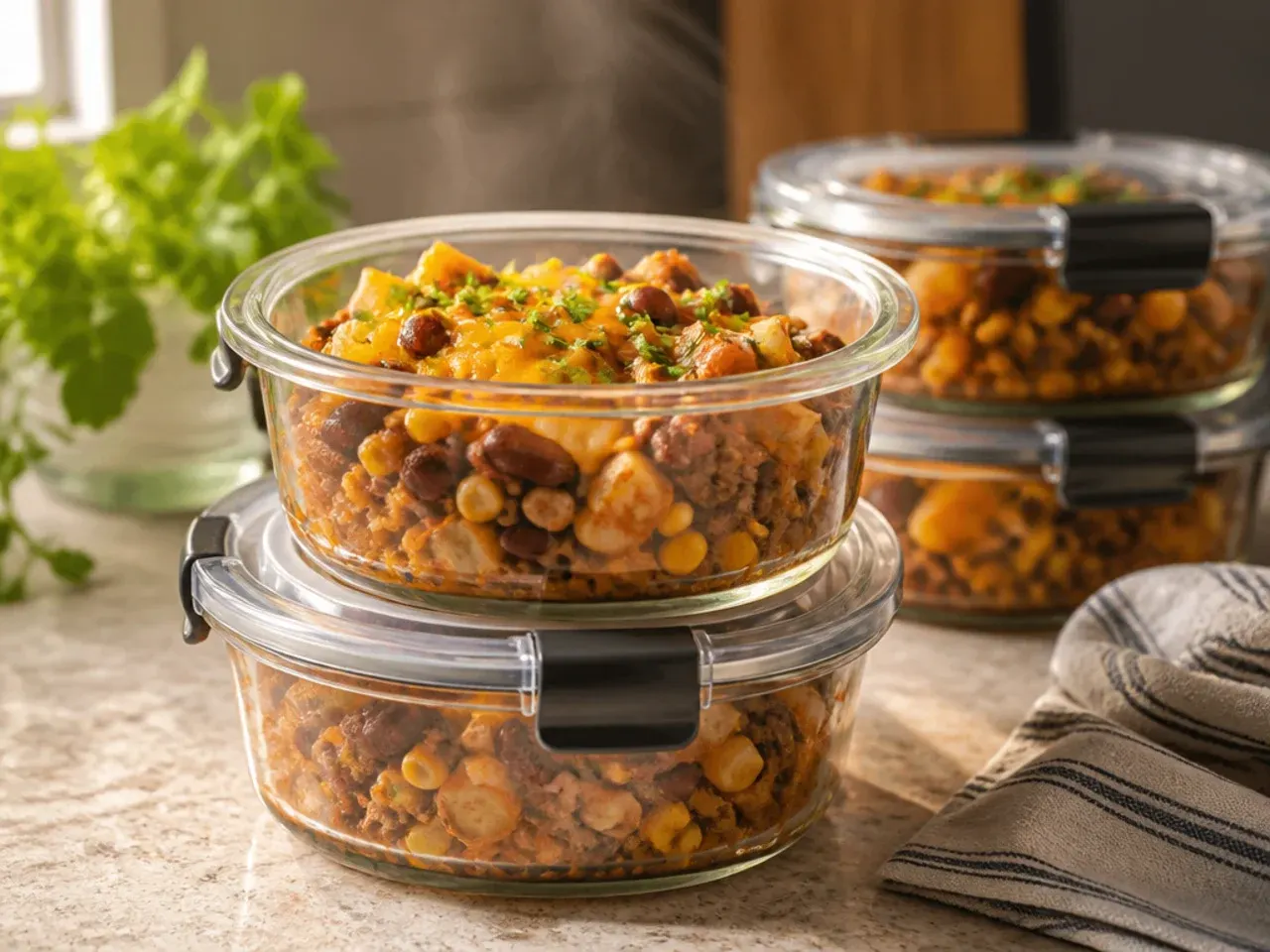Cowboy casserole crockpot leftovers stored in a glass container