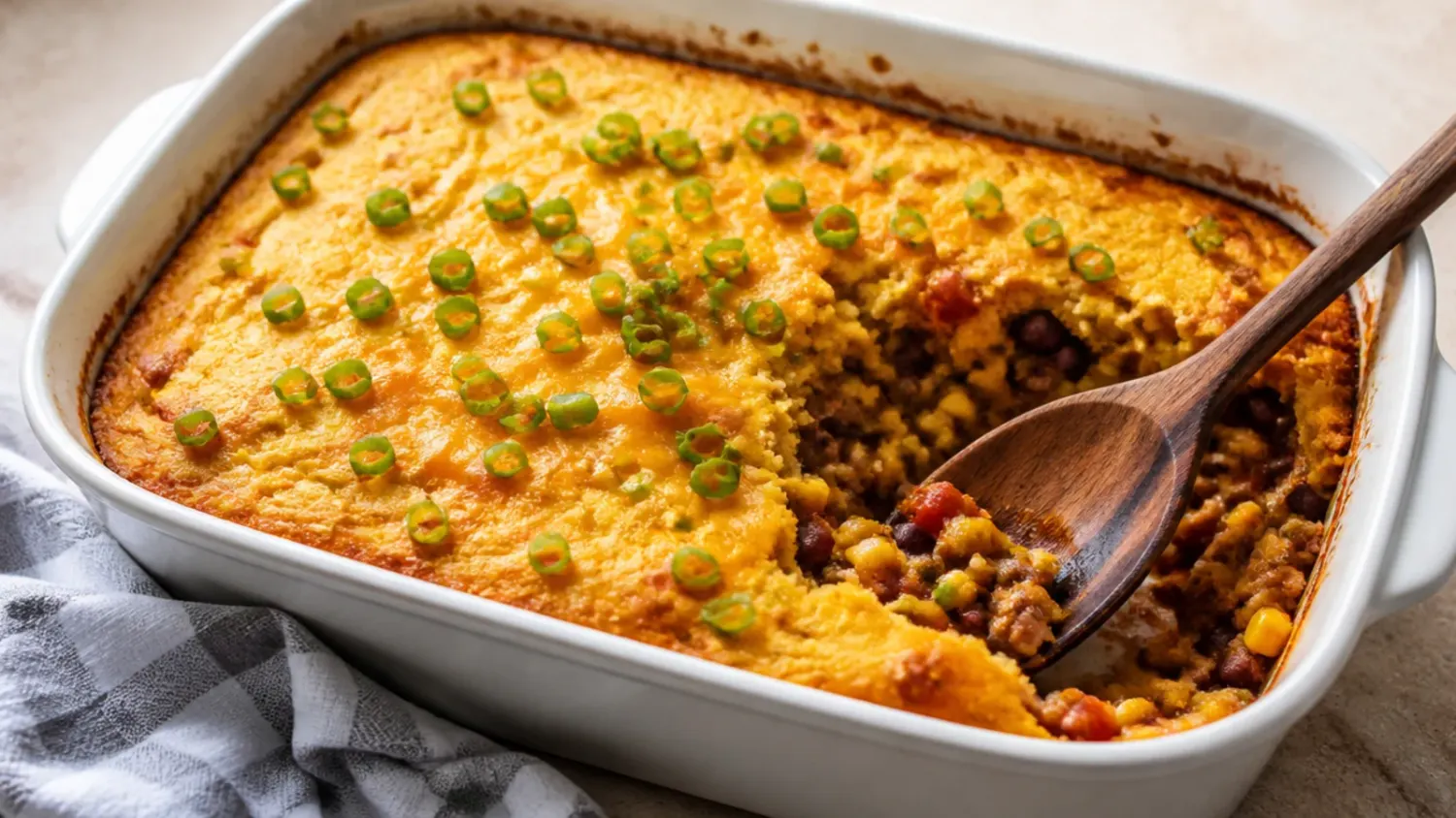 A cast iron dish of cowboy cornbread casserole with a golden cornbread topping, cut open to show the beef and bean filling underneath