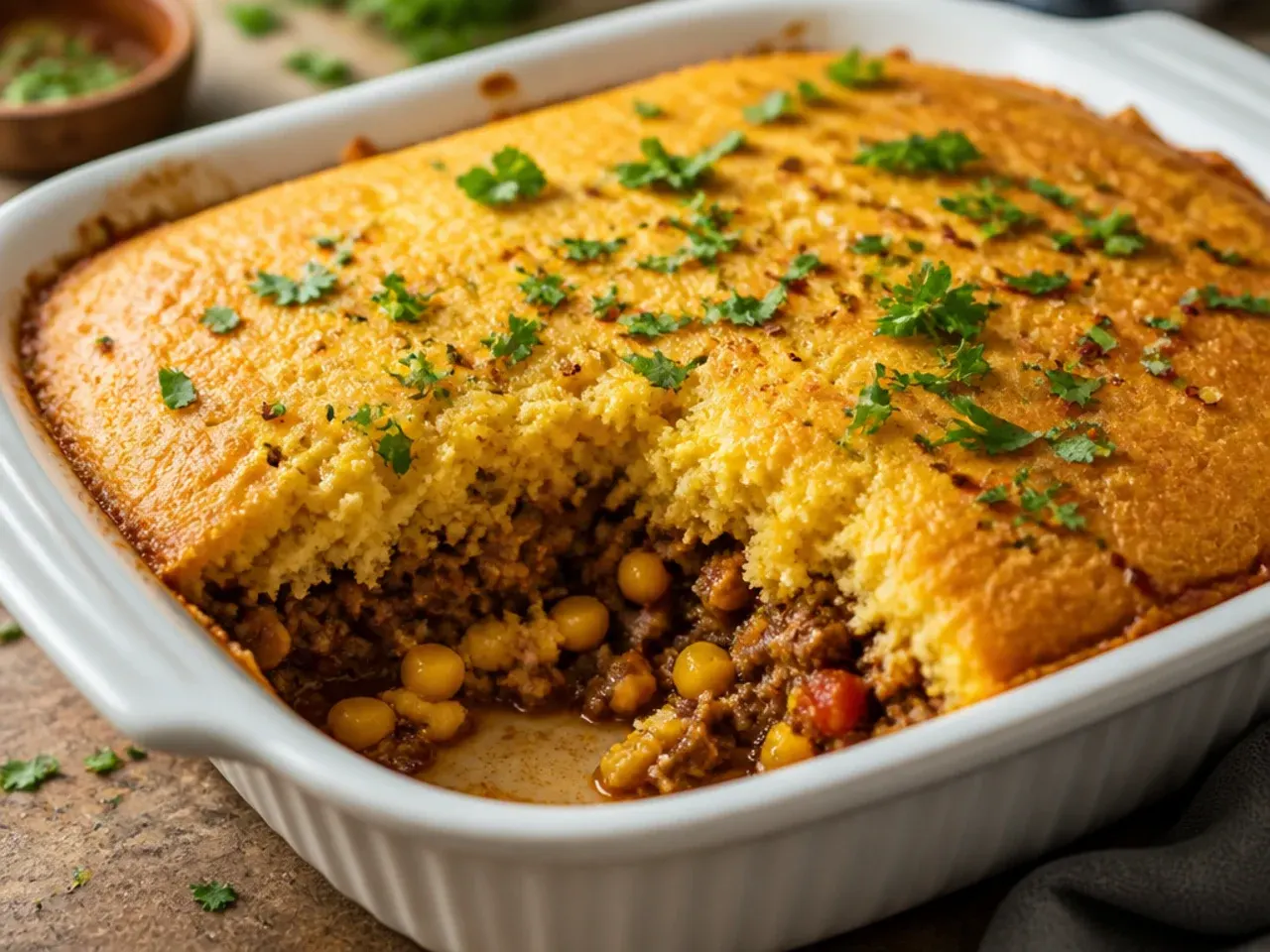 Thick beef and bean chilli filling simmering in a skillet before being topped with cornbread batter