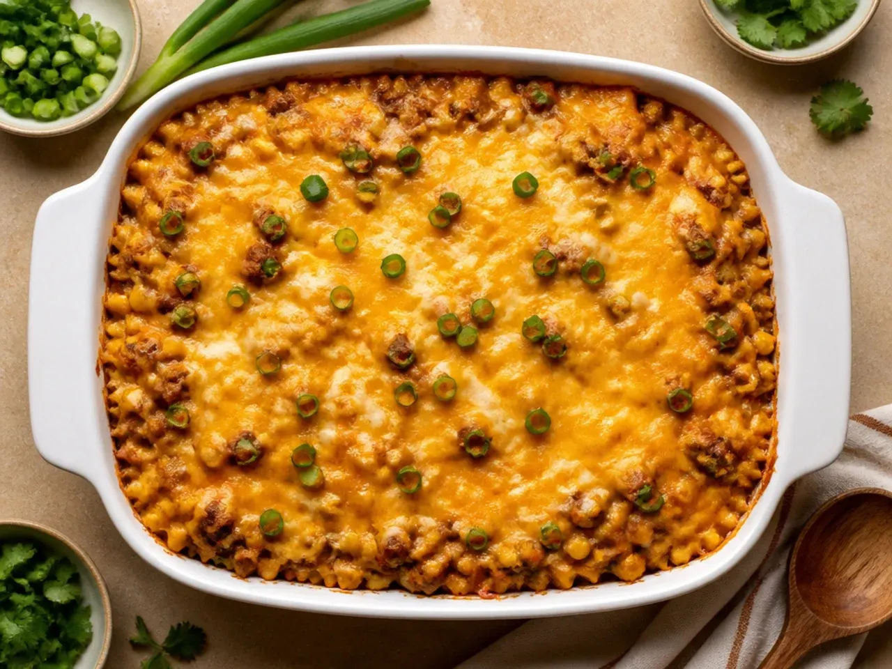 Cornbread batter being spooned over slightly cooled beef filling in a baking dish