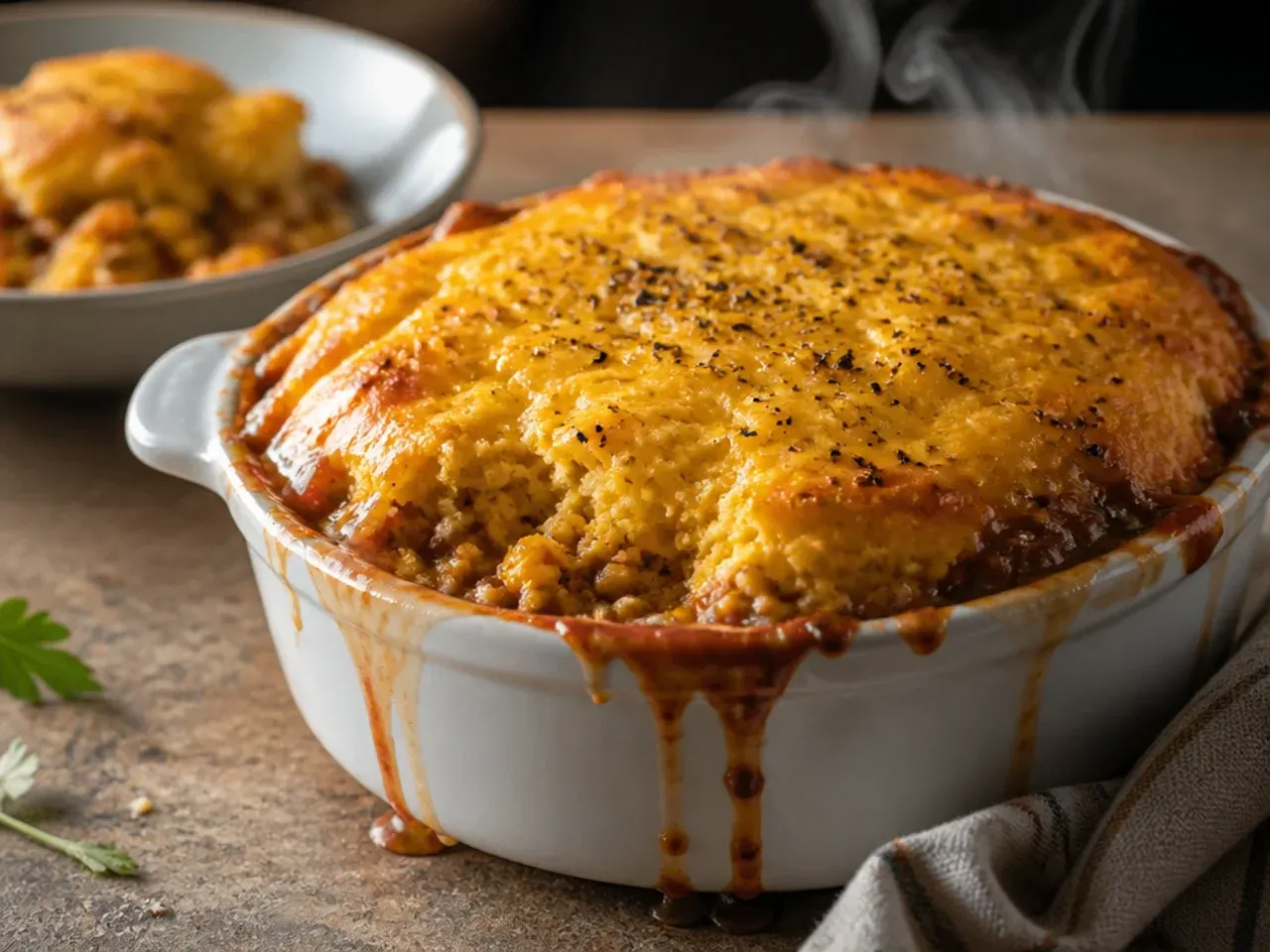 Beef and bean filling filling a baking dish to about two-thirds full, leaving room for cornbread topping