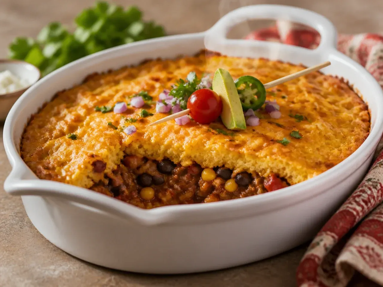 Grated cheddar cheese scattered over beef filling in a baking dish before the cornbread topping goes on