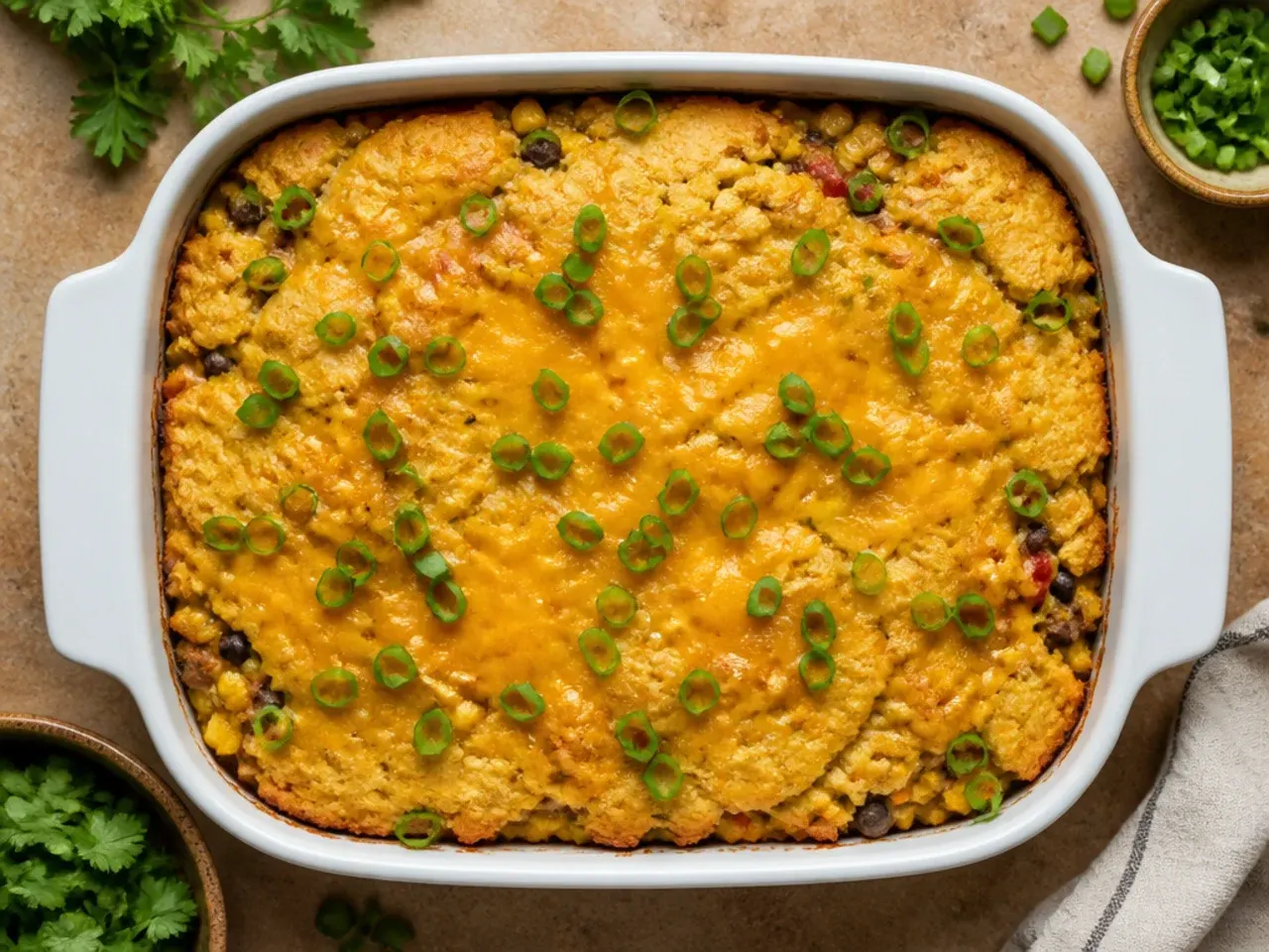 A skewer being inserted into the golden cornbread topping of a casserole to check for doneness