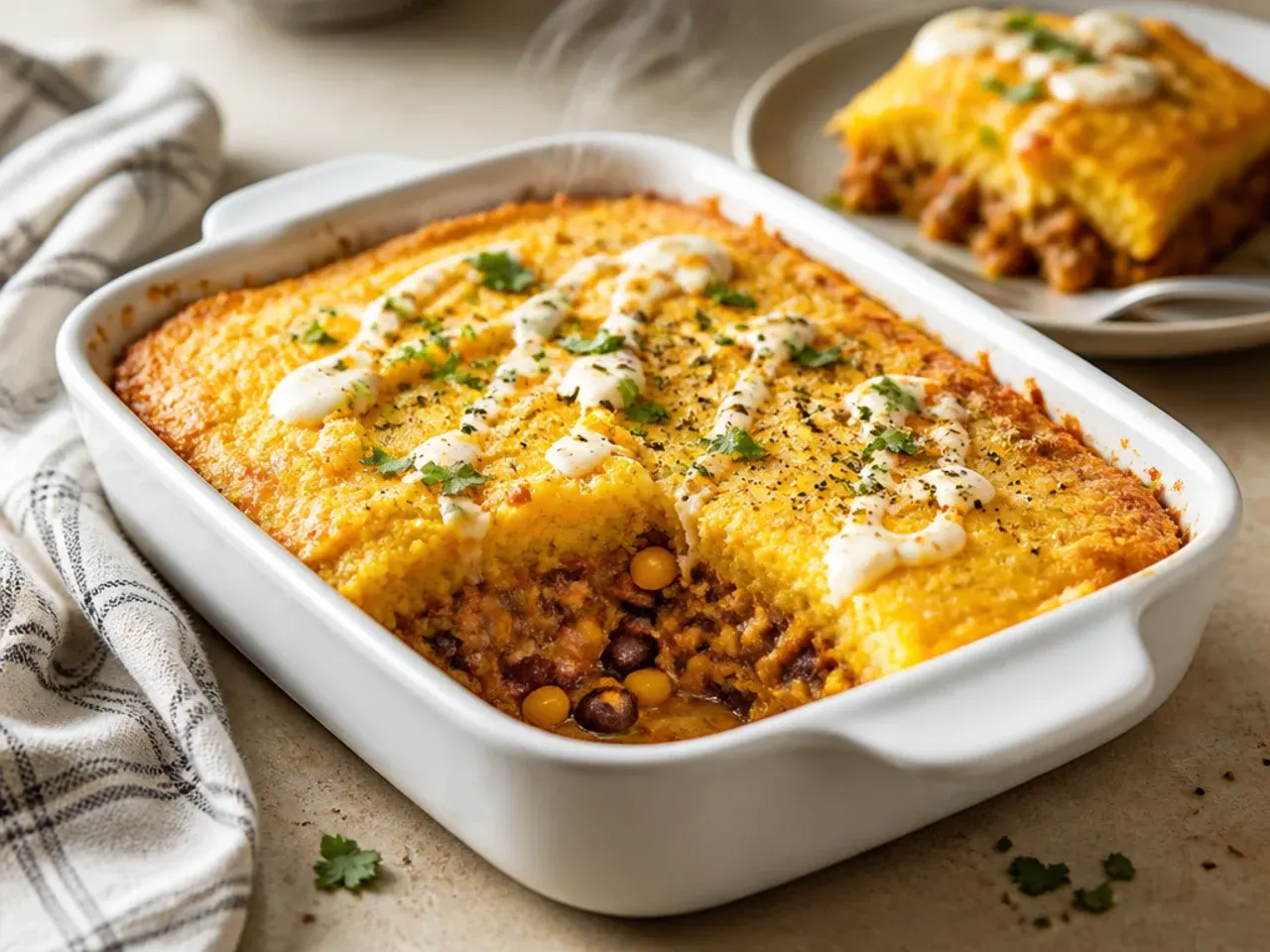 A neat square slice of cowboy cornbread casserole being lifted from the dish with a server