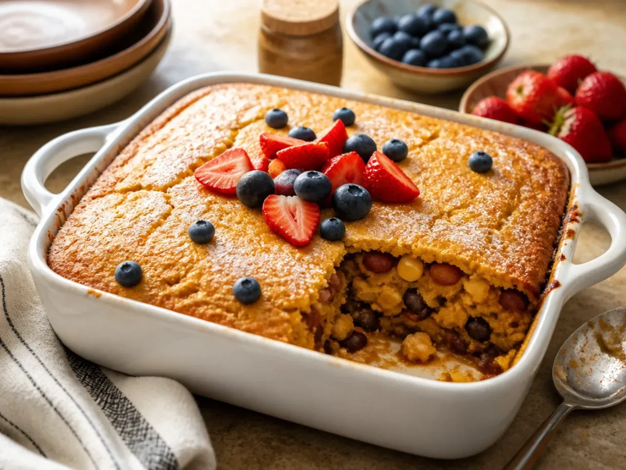 A sheet of foil being loosely draped over a partially baked cornbread casserole