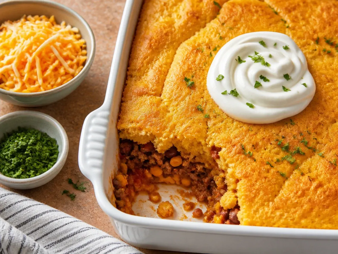 A portion of leftover cowboy cornbread casserole being reheated in a small oven dish