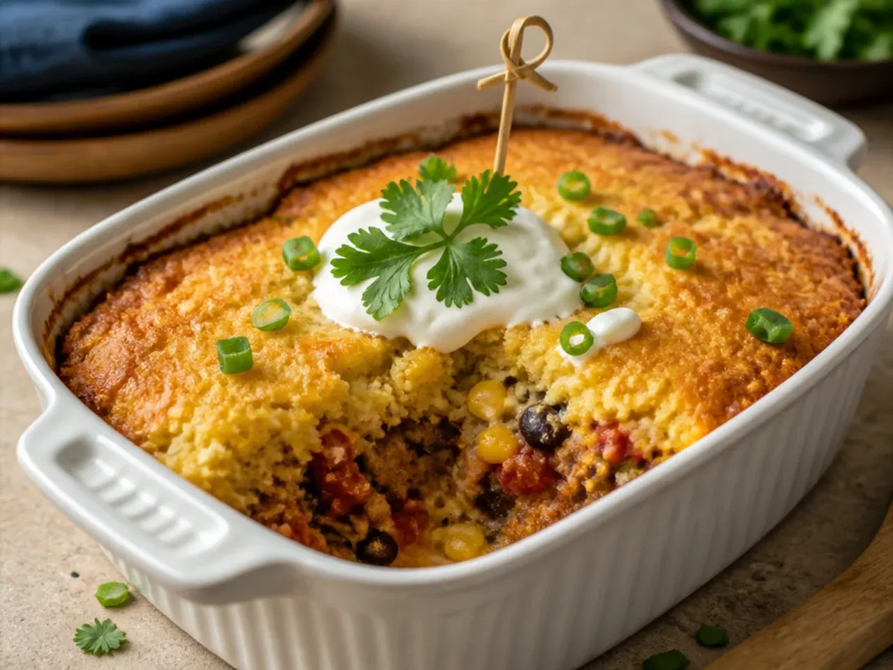 Two separate baking dishes of cornbread casserole side by side in the oven