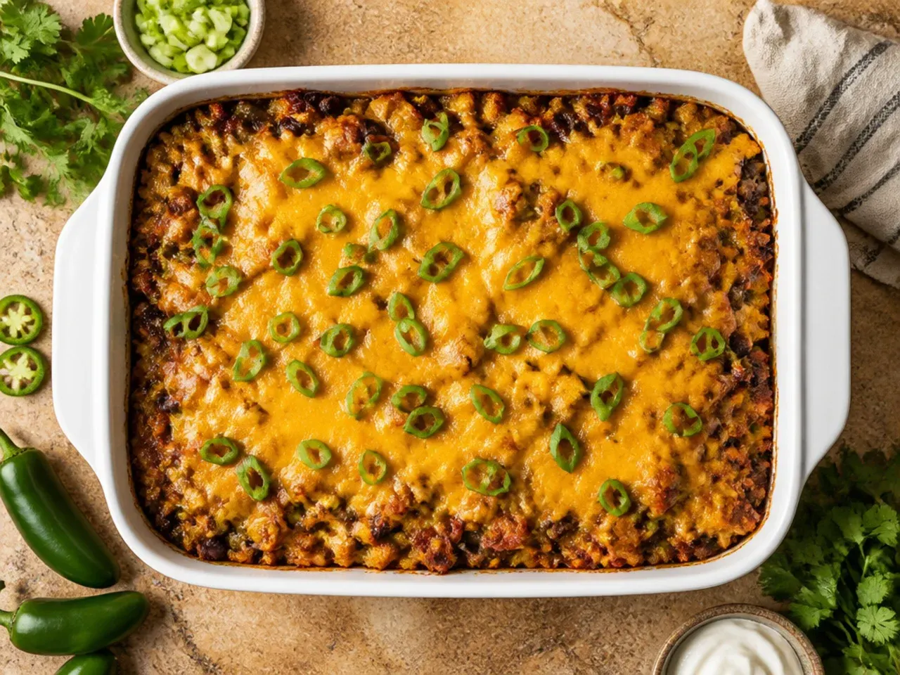 Fresh jalapeño slices being arranged on top of cornbread batter before baking