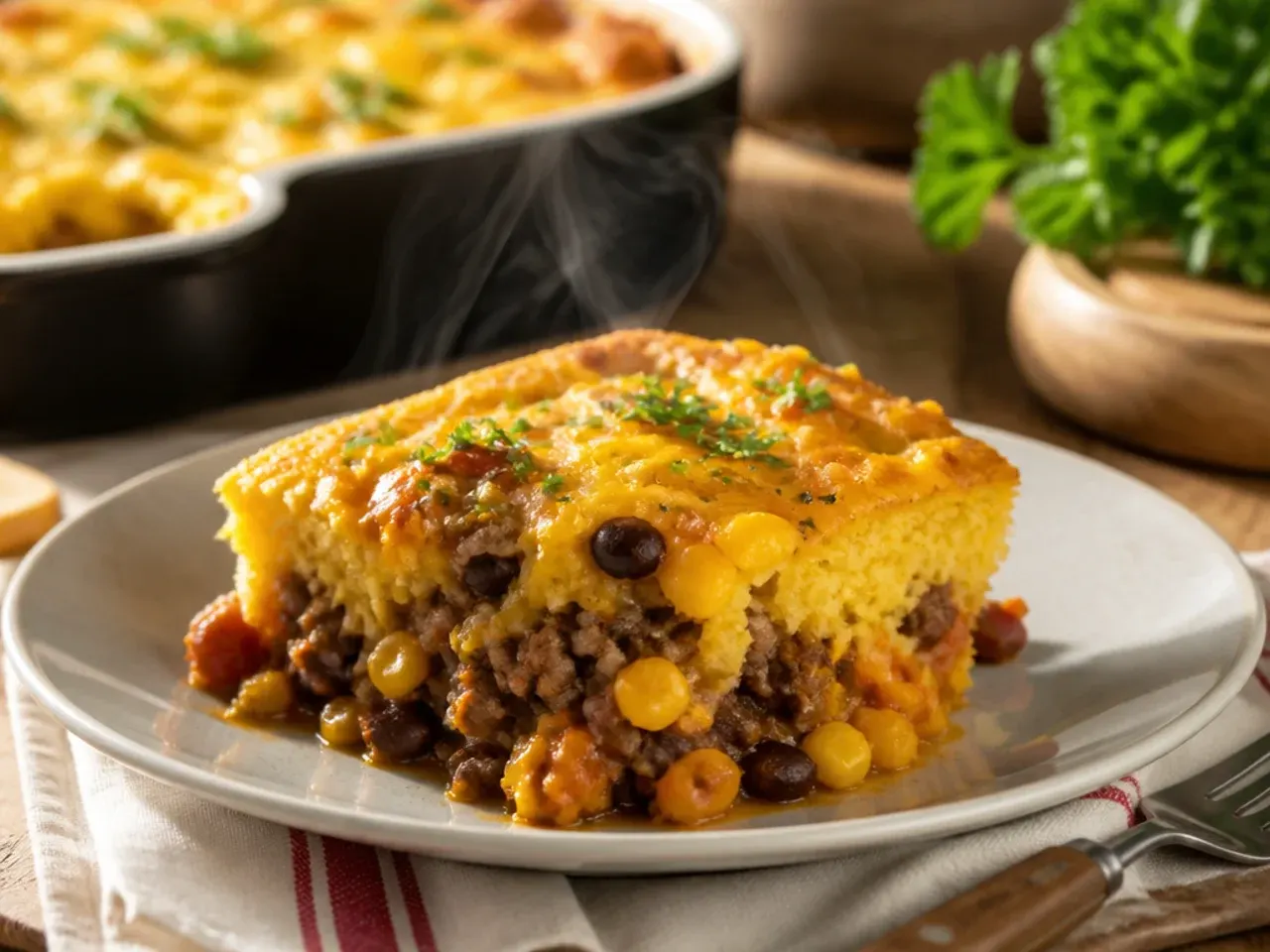 A finished cowboy cornbread casserole on a table, cut into squares and ready to serve