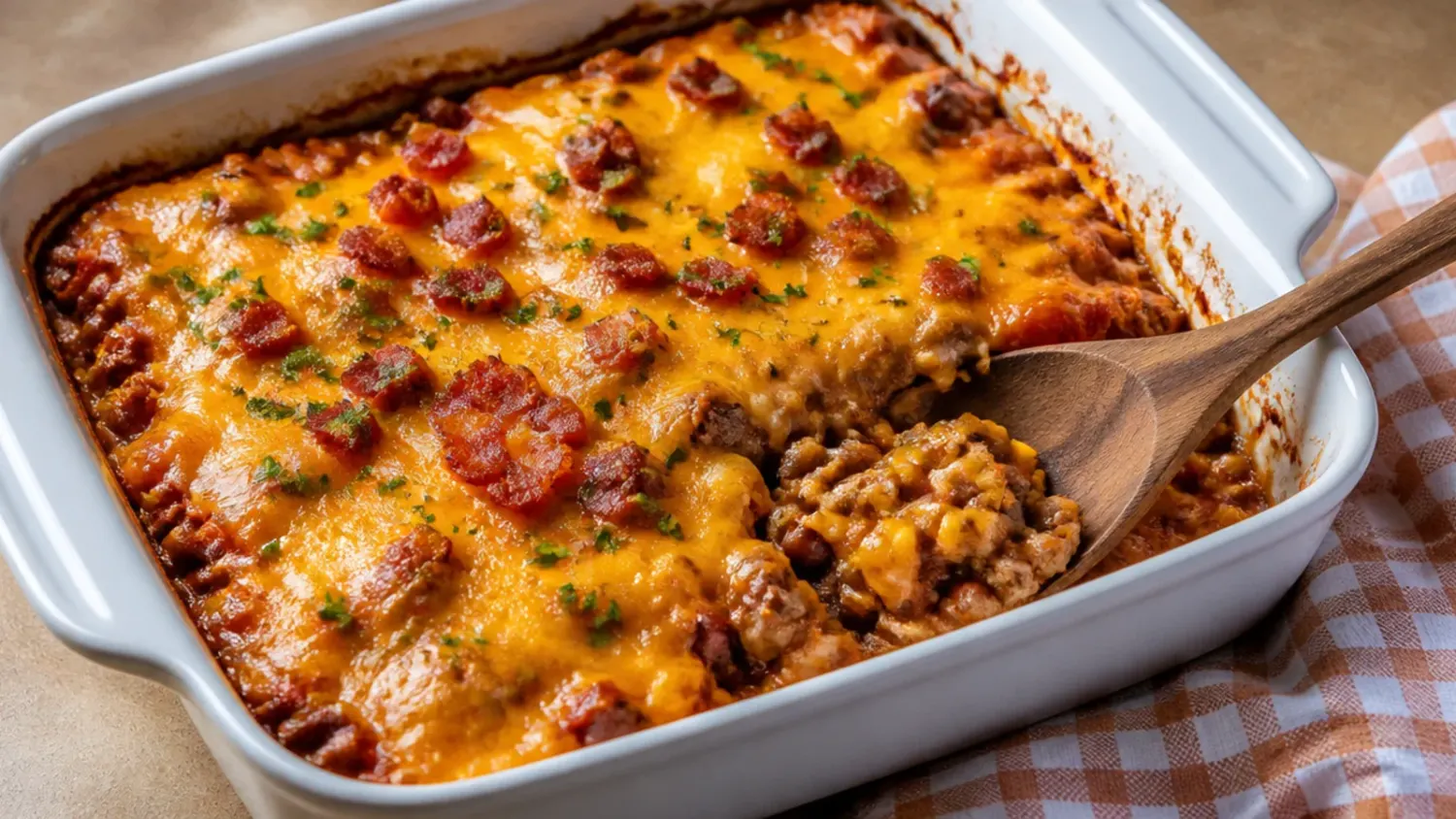 A golden, bubbling cowboy casserole topped with crispy tater tots and melted cheddar cheese, fresh out of the oven