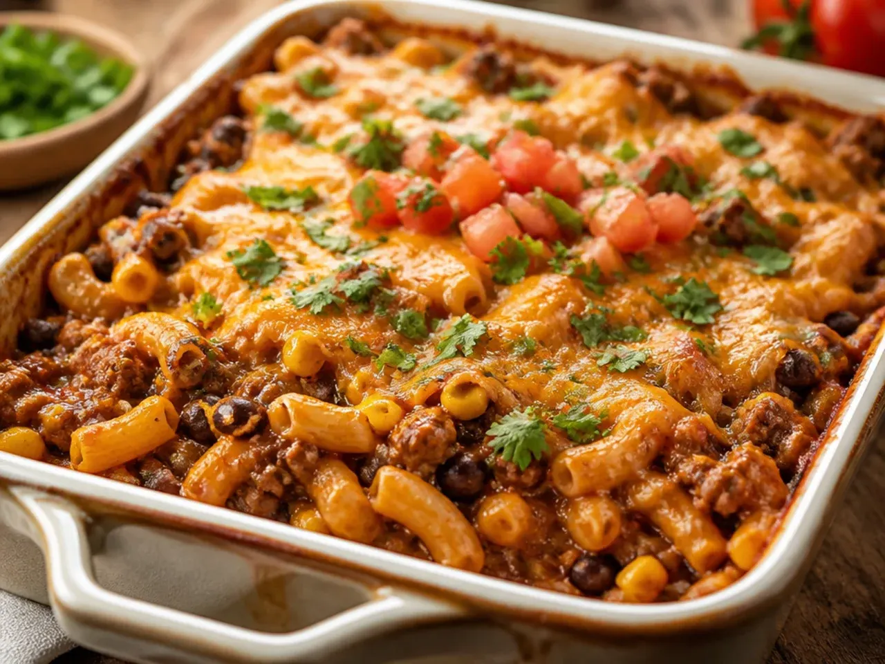 Overhead shot of a family-size cowboy casserole in a baking dish with a portion lifted out on a spatula