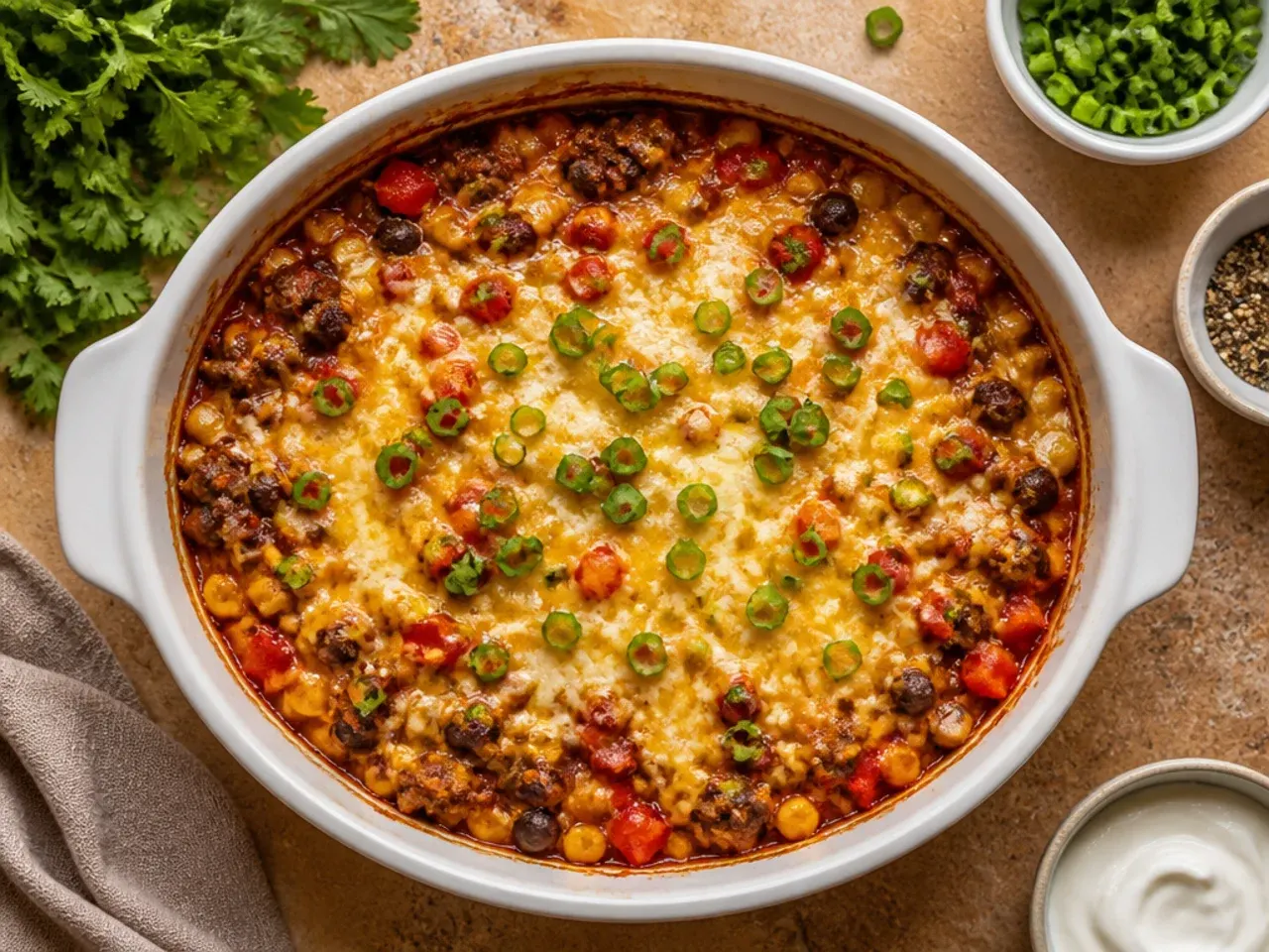 Classic cowboy casserole with tater tots and melted cheddar in a white baking dish